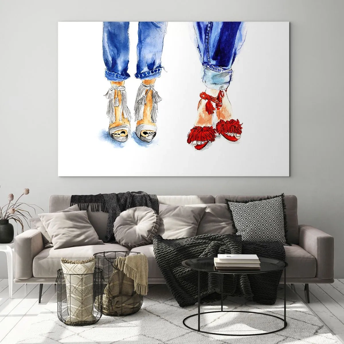 Glasbild - Bild auf glas - Zwei stylische Schuhe vor dem Hintergrund von Jeans - 100x70cm - Vielleicht gehen wir spazieren? - Moderne Wanddekoration für Wohnzimmer und Schlafzimmer ARTTOR