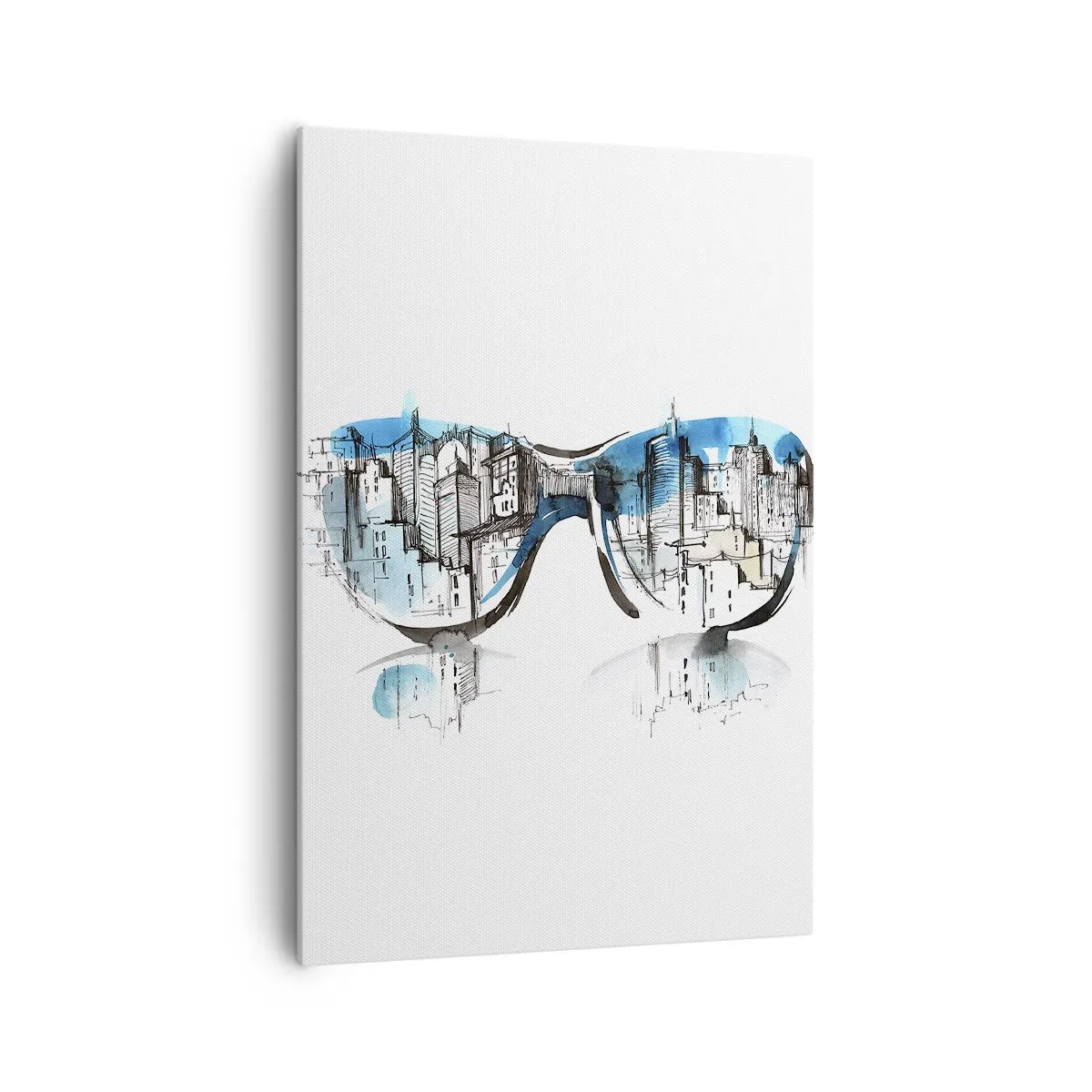 Bild auf Leinwand - Leinwandbild - Aquarell des Stadtpanoramas, das sich in den Gläsern spiegelt - 70x100cm - Großstadt-Chic - Moderne Wanddekoration für Wohnzimmer und Schlafzimmer ARTTOR