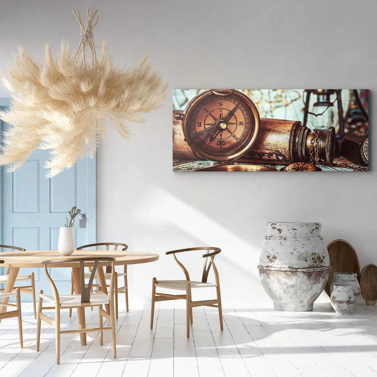 Bild auf Leinwand - Leinwandbild - Ein Retro-Set mit Kompass, Teleskop und Karte im Reisethema - 140x50cm - Ein Piratenabenteuer in der Karibik wartet - Moderne Wanddekoration für Wohnzimmer und Schlafzimmer ARTTOR