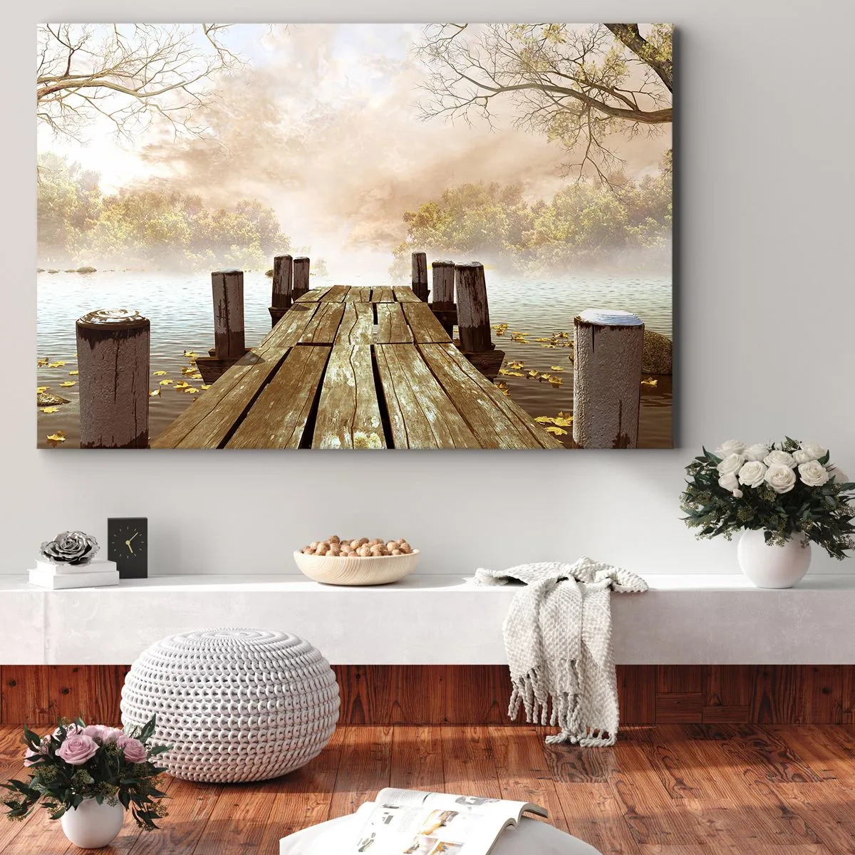 Bild auf Leinwand - Leinwandbild - Ein Holzsteg, der im Morgennebel auf einen ruhigen See führt - 70x50cm - Die milde Traurigkeit des Herbstes - Moderne Wanddekoration für Wohnzimmer und Schlafzimmer ARTTOR