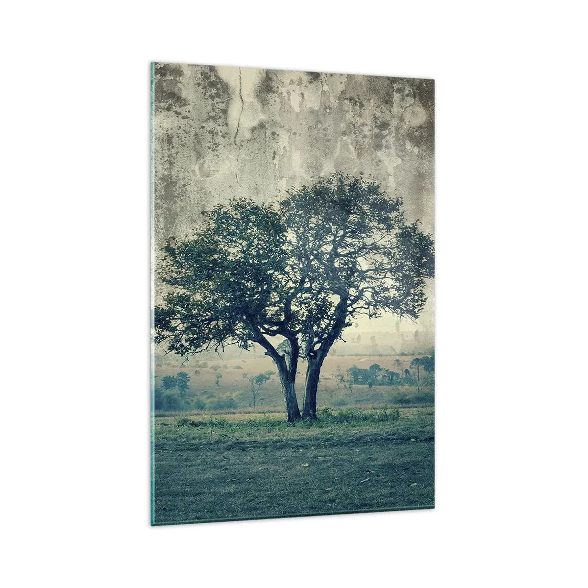 Glasbild - Bild auf glas - Ein einsamer Baum vor einer nebligen Landschaft - 80x120cm - Ein Apfelbaum auf blauem Feld? - Moderne Wanddekoration für Wohnzimmer und Schlafzimmer ARTTOR