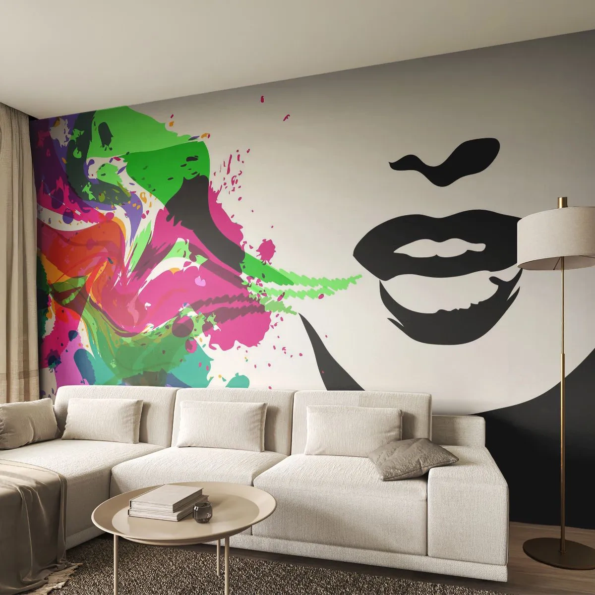 Fototapete Premium Sand - Abstraktes Gesicht mit bunten Farbspritzern - 100x70cm - Eine Geschichte in den Farben des Regenbogens - Moderne Wanddekoration für Wohnzimmer und Schlafzimmer ARTTOR