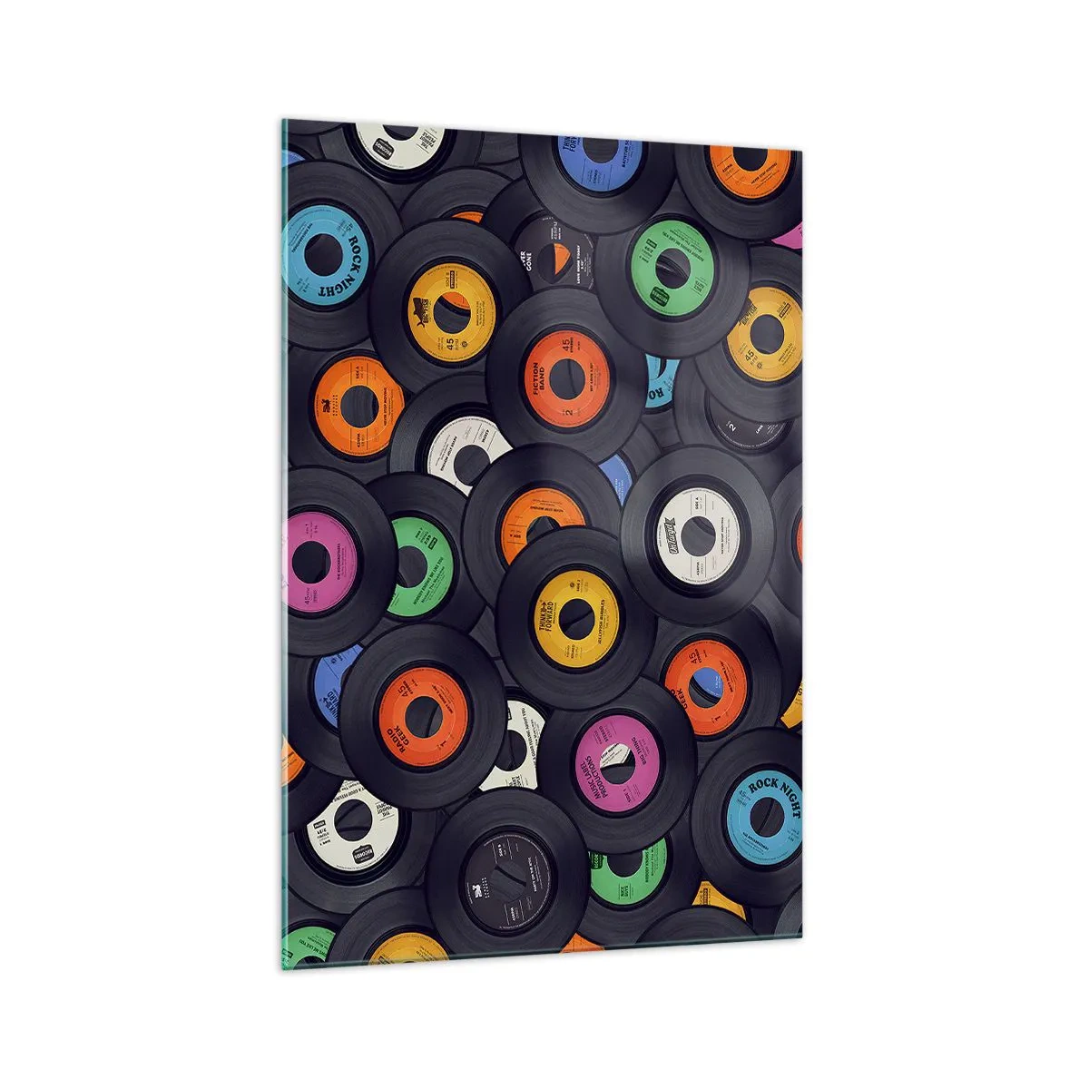 Glasbild - Bild auf glas - Bunte Vinyls übereinander gestapelt - 70x100cm - Farben der Klassiker - Moderne Wanddekoration für Wohnzimmer und Schlafzimmer ARTTOR