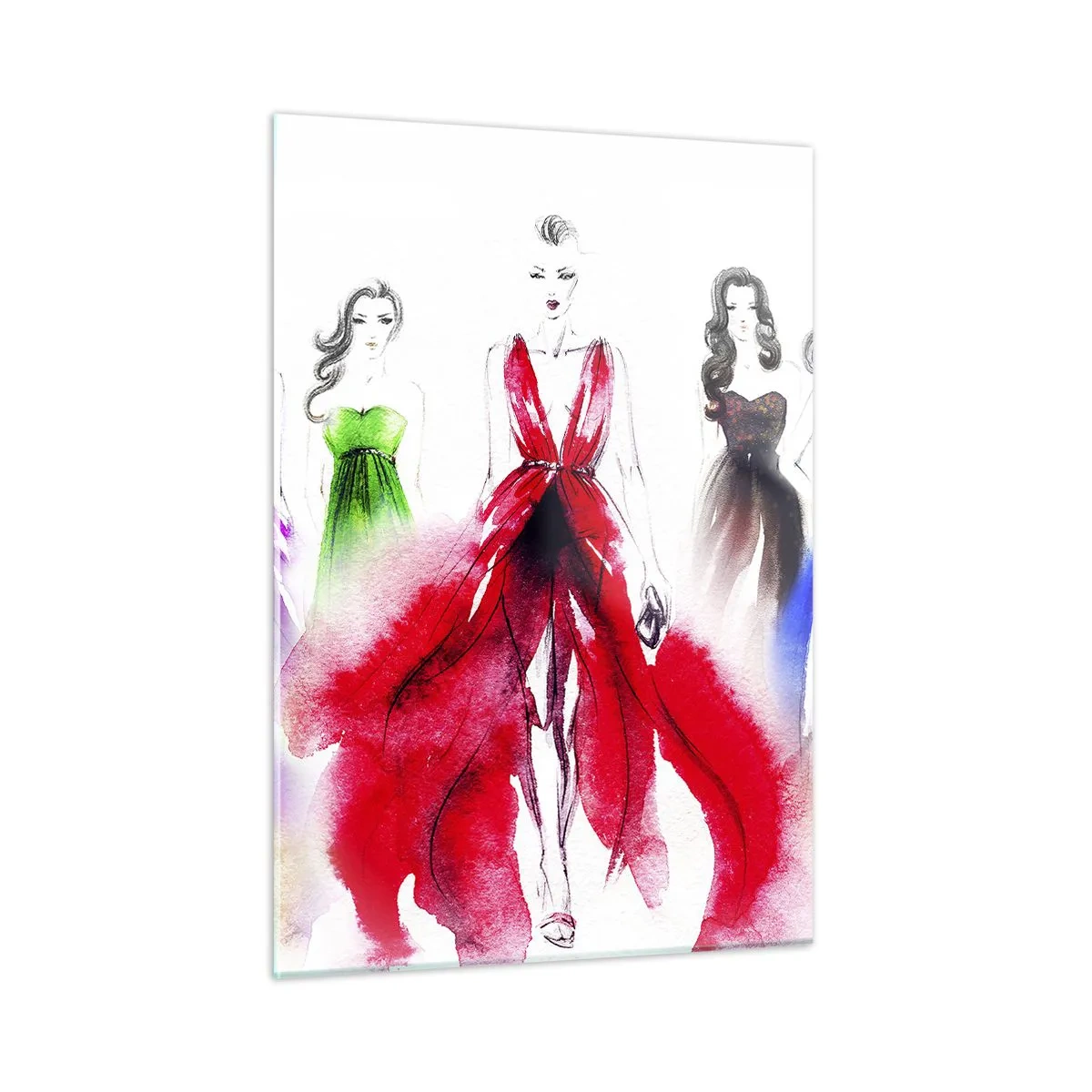 Glasbild - Bild auf glas - Skizze von Frauen in bunten Abendkleidern - 50x70cm - Stimmungen für Kostüme - Moderne Wanddekoration für Wohnzimmer und Schlafzimmer ARTTOR