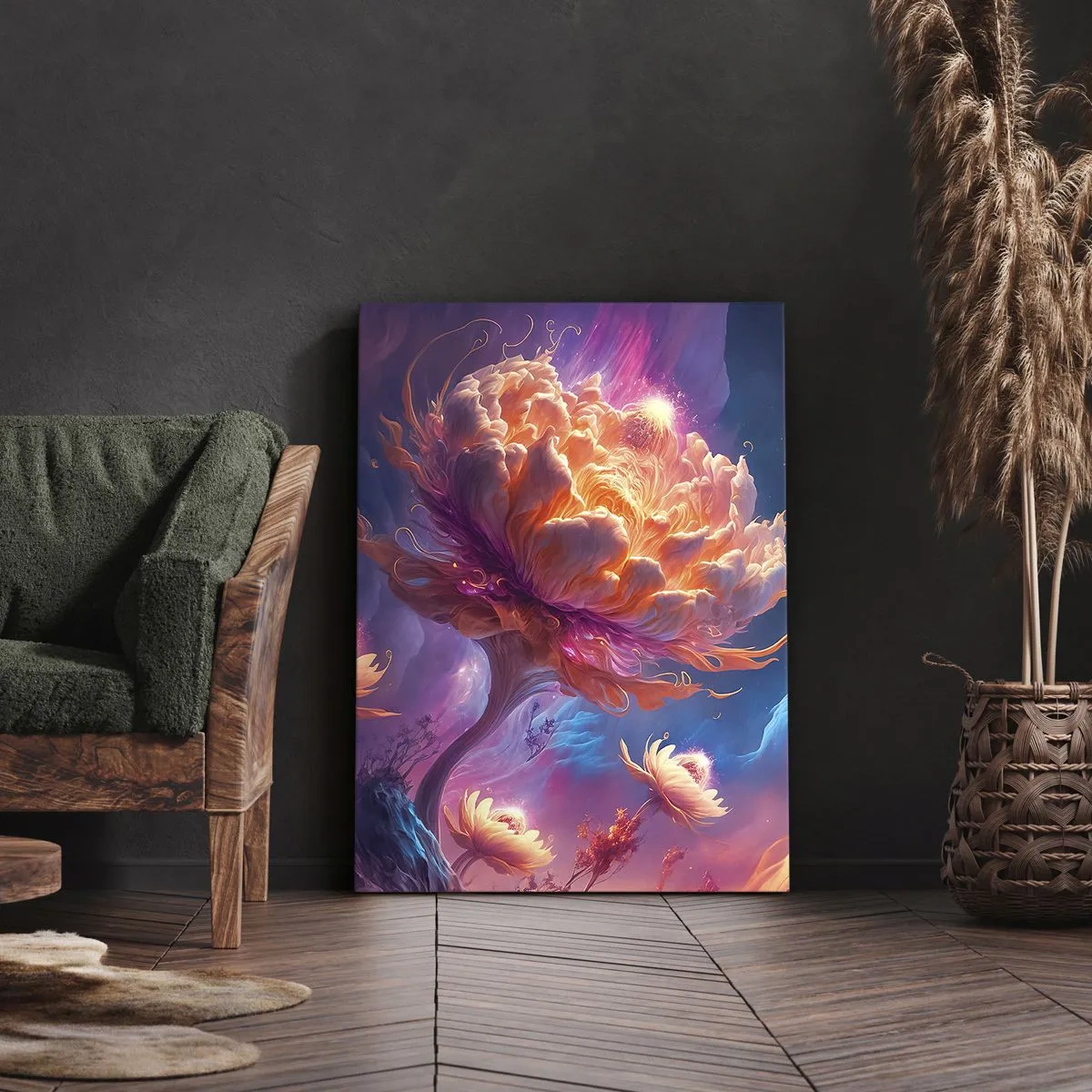 Bild auf Leinwand - Leinwandbild - Fantasieblumen in einer kosmischen Landschaft - 50x70cm - Andere Welt - Moderne Wanddekoration für Wohnzimmer und Schlafzimmer ARTTOR