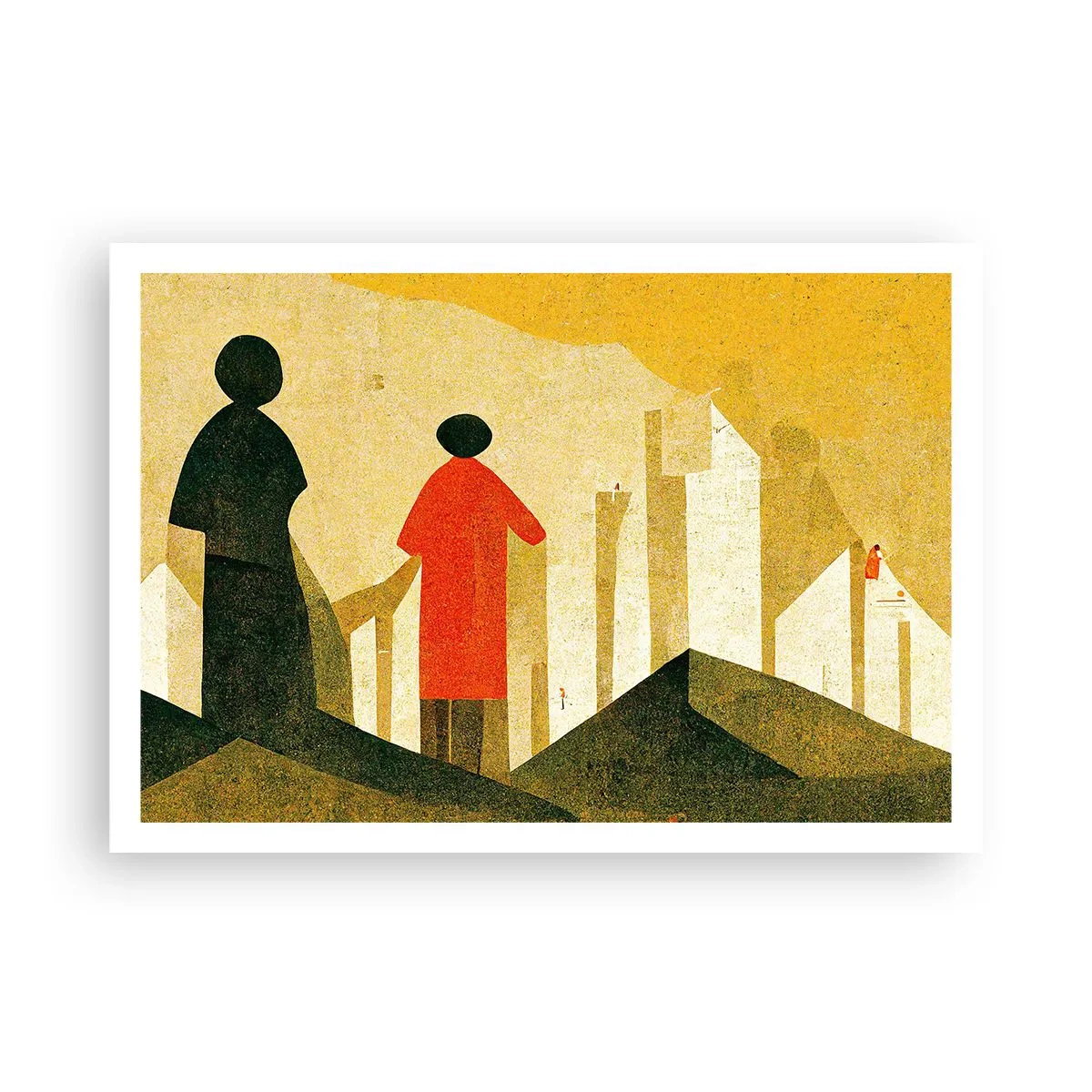 Poster - Geometrische Silhouetten in Rot und Grün auf gelbem Hintergrund - 100x70cm - Es ist noch ein langer Weg - Moderne Wanddekoration für Wohnzimmer und Schlafzimmer ARTTOR
