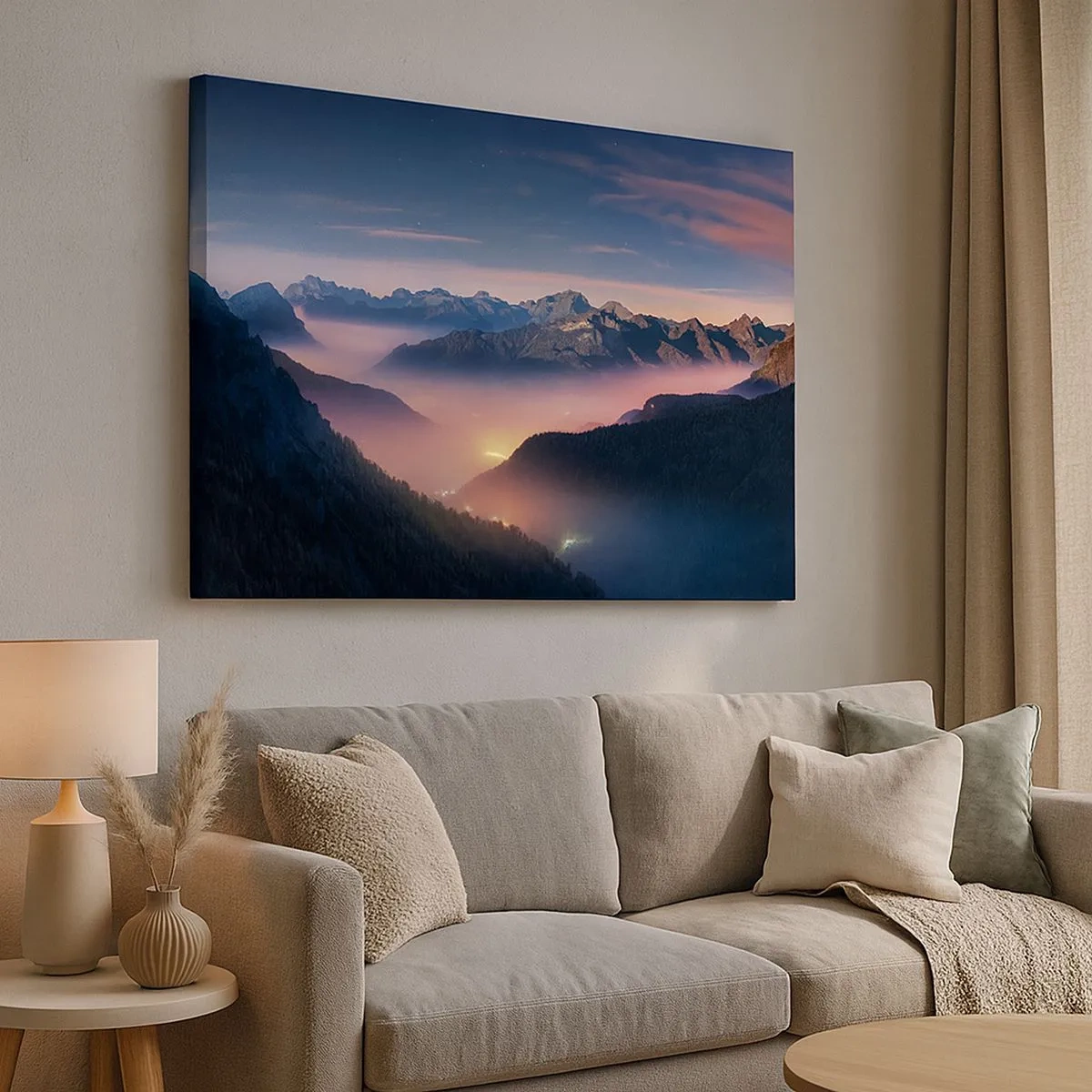 Bild auf Leinwand - Leinwandbild - Eine Berglandschaft mit einem nebelverhangenen Tal - 70x50cm - Licht in den Tälern - Moderne Wanddekoration für Wohnzimmer und Schlafzimmer ARTTOR