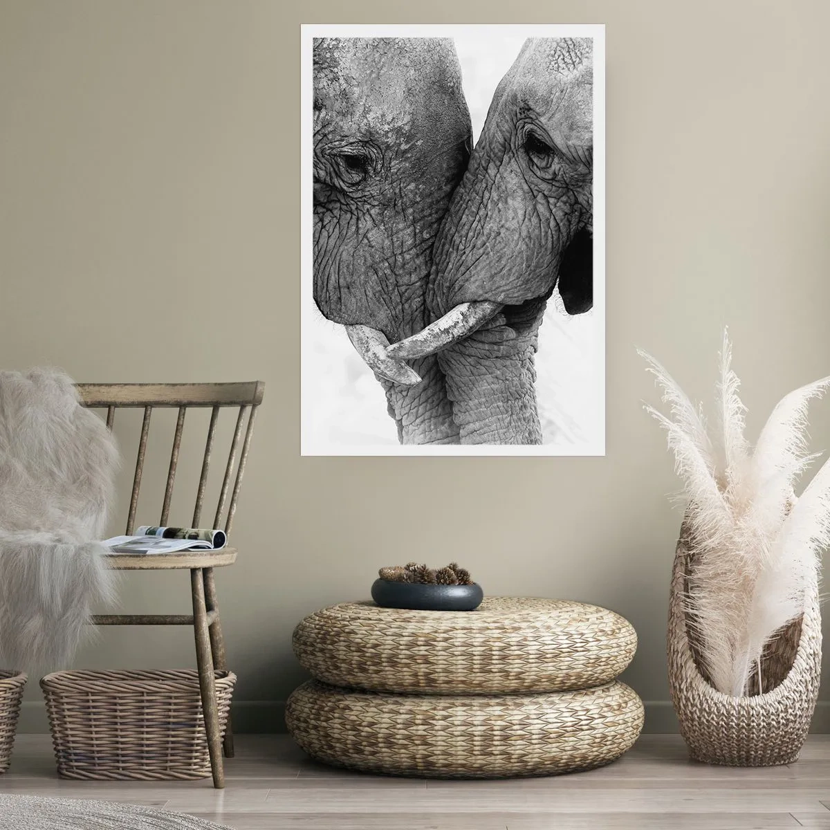 Poster - Nahaufnahme von zwei Elefanten in Schwarz und Weiß - 50x70cm - Herzliches Geständnis - Moderne Wanddekoration für Wohnzimmer und Schlafzimmer ARTTOR