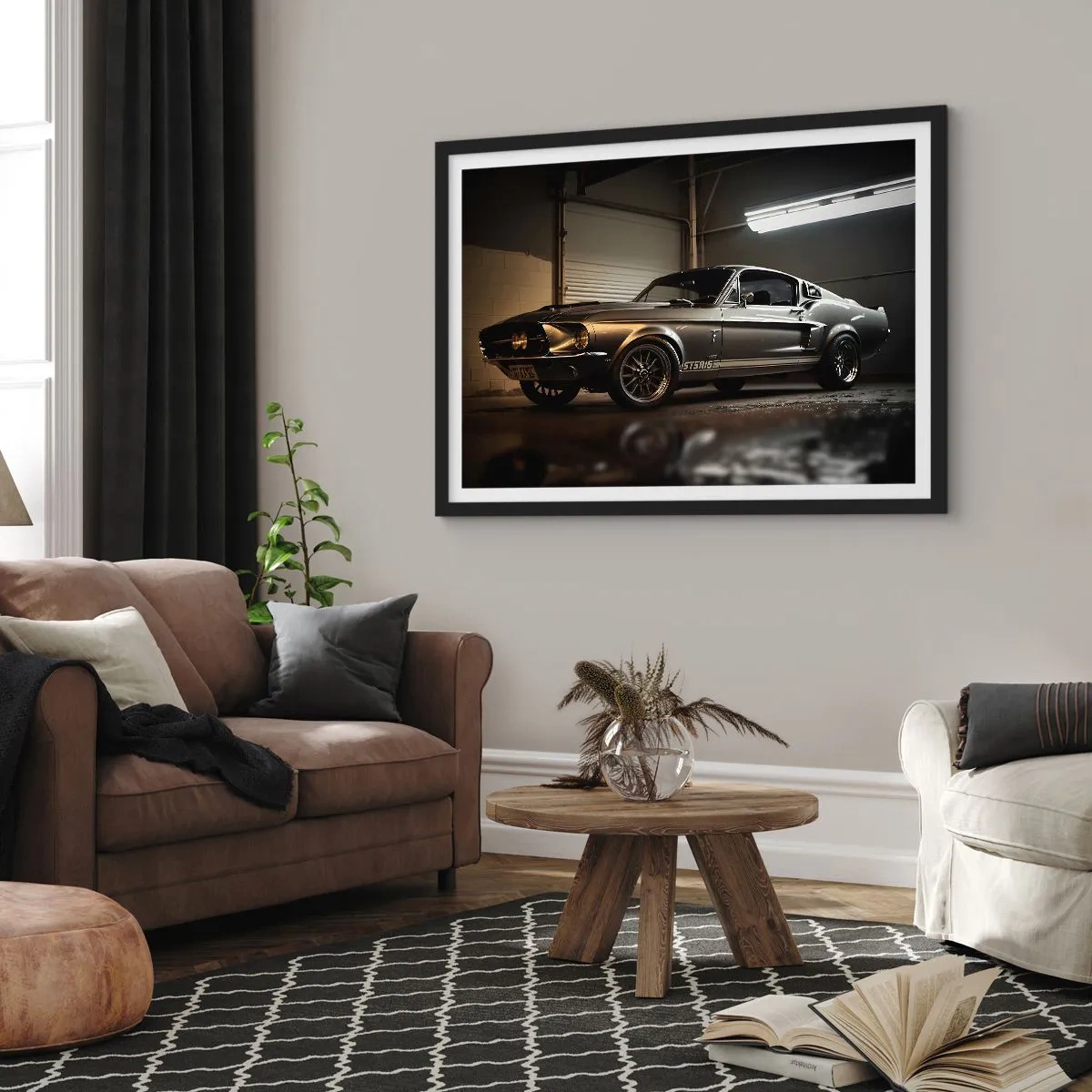 Poster in einem schwarzem Rahmen - Oldtimer in Retro-Garage - 100x70cm - Zurück in die Vergangenheit - Moderne Wanddekoration für Wohnzimmer und Schlafzimmer ARTTOR