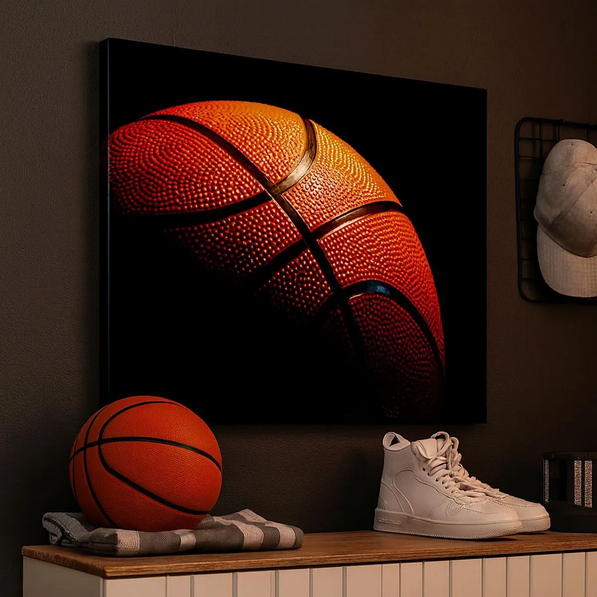 Bild auf Leinwand - Leinwandbild - Nahaufnahme eines Basketballs vor schwarzem Hintergrund - 70x50cm - Schön wie ein Planet - Moderne Wanddekoration für Wohnzimmer und Schlafzimmer ARTTOR