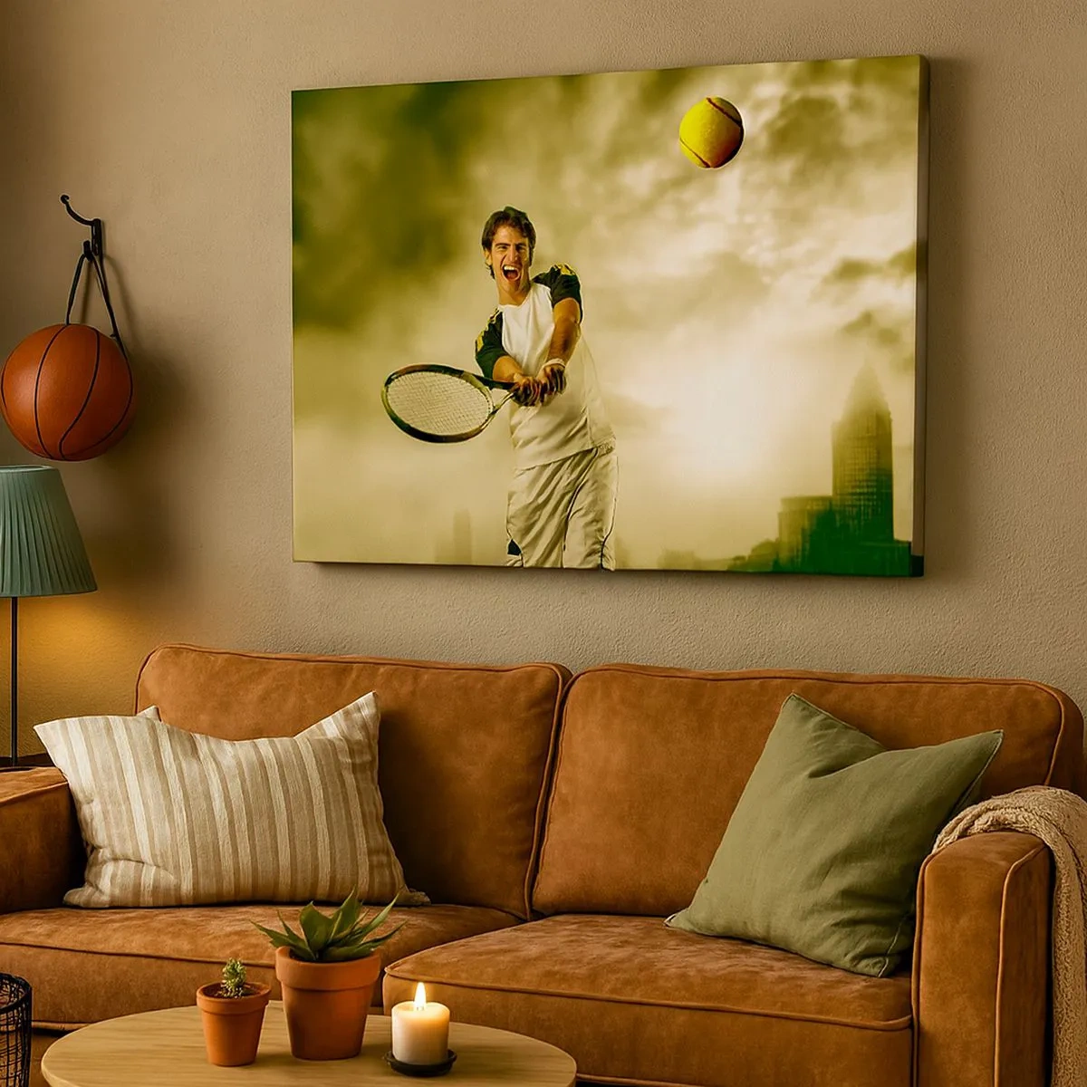 Bild auf Leinwand - Leinwandbild - Tennisspieler in Aktion während eines Spiels vor dem Hintergrund einer urbanen Landschaft - 70x50cm - Energie und Freude - Moderne Wanddekoration für Wohnzimmer und Schlafzimmer ARTTOR