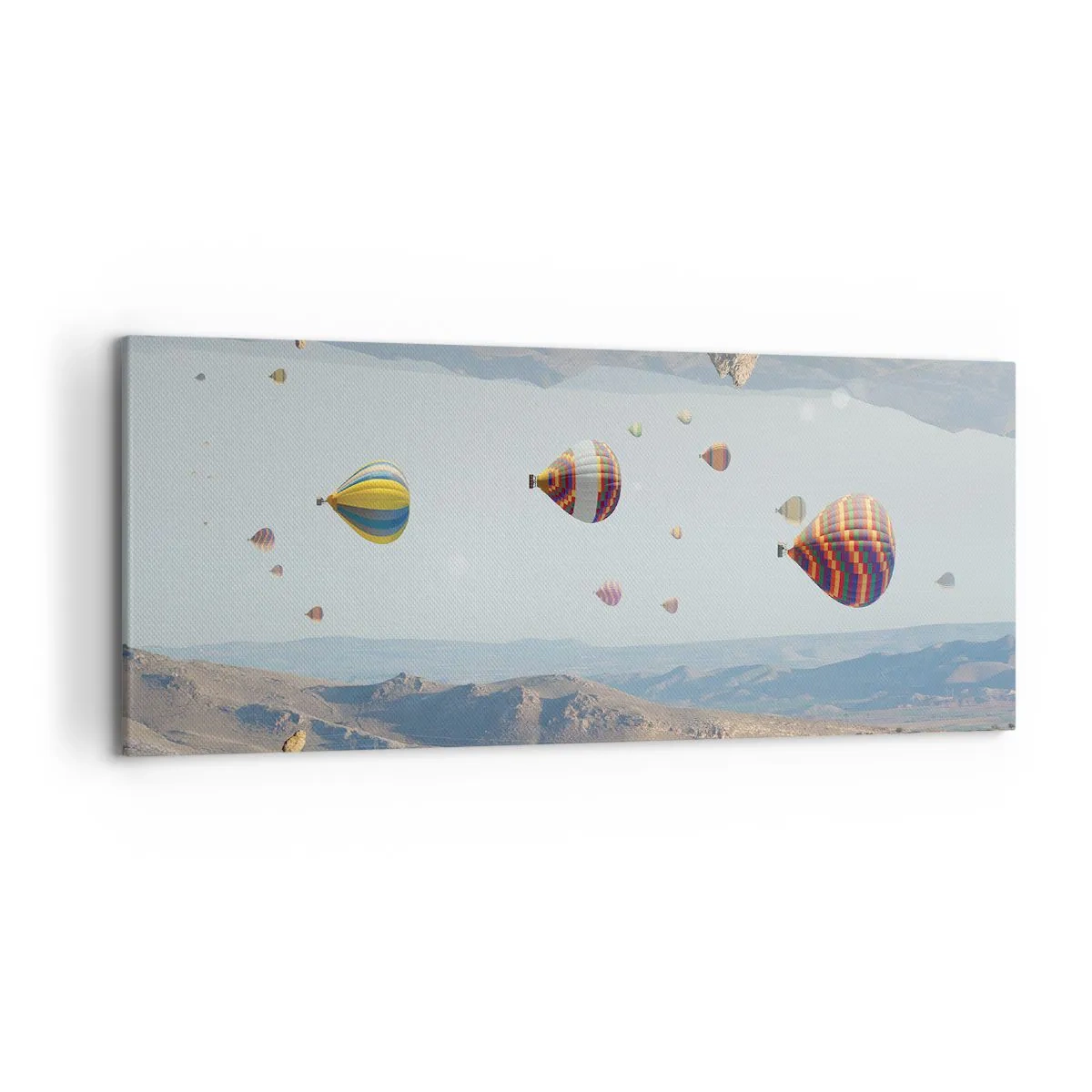 Bild auf Leinwand - Leinwandbild - Bunte Ballons über einer felsigen Landschaft - 120x50cm - Hier ist alles möglich - Moderne Wanddekoration für Wohnzimmer und Schlafzimmer ARTTOR
