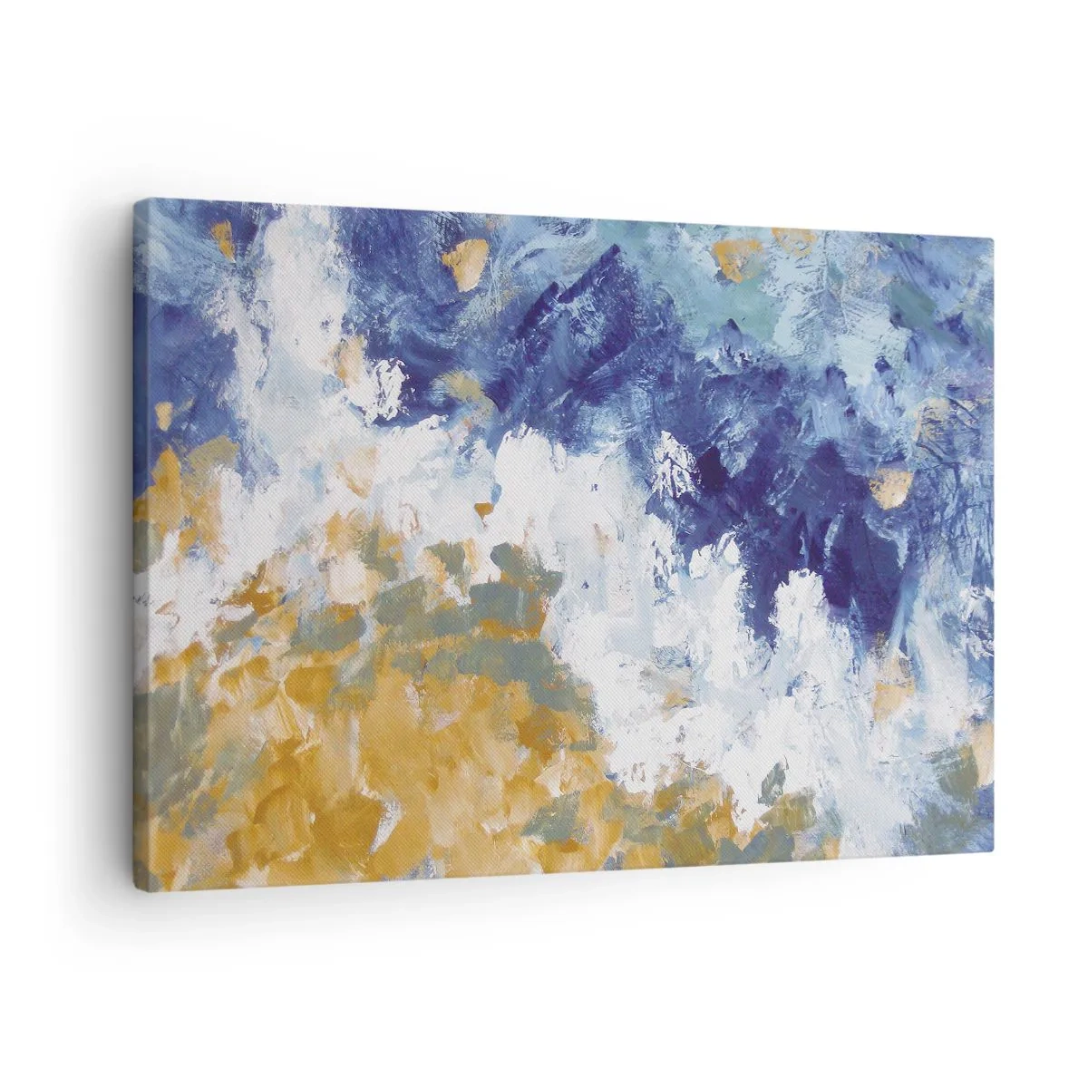 Bild auf Leinwand - Leinwandbild - Abstraktion in Blau-, Weiß- und Goldtönen - 70x50cm - Tanz der Naturelemente - Moderne Wanddekoration für Wohnzimmer und Schlafzimmer ARTTOR