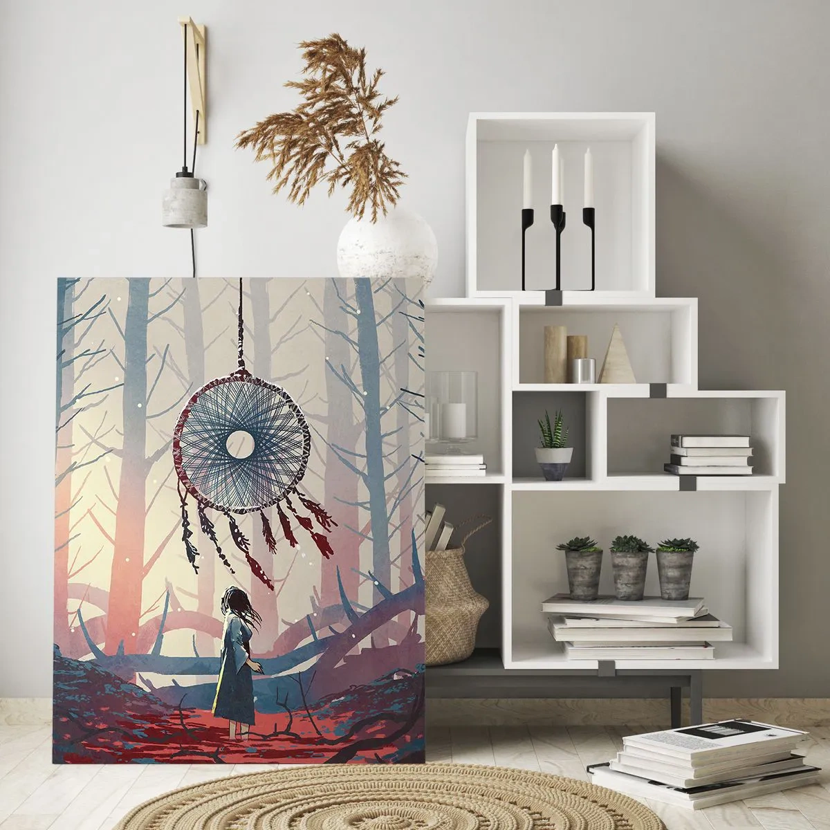 Glasbild - Bild auf glas - Eine Gestalt im Wald betrachtet einen großen Traumfänger, der in der Luft schwebt. - 50x70cm - Geheimes Glücksritual - Moderne Wanddekoration für Wohnzimmer und Schlafzimmer ARTTOR