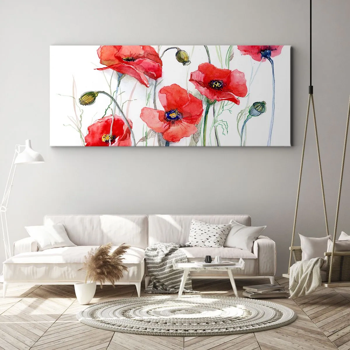 Bild auf Leinwand - Leinwandbild - Aquarell-Mohnblumen auf zartem Hintergrund - 120x50cm - Polnische Blumen - Moderne Wanddekoration für Wohnzimmer und Schlafzimmer ARTTOR