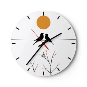 Wanduhr - Glasuhr - Zwei Vögel auf einem Ast unter einer orangefarbenen Sonne - 30x30cm - Abend der Nachtigallen - Moderne Wanddekoration für Wohnzimmer, Küche und Schlafzimmer ARTTOR
