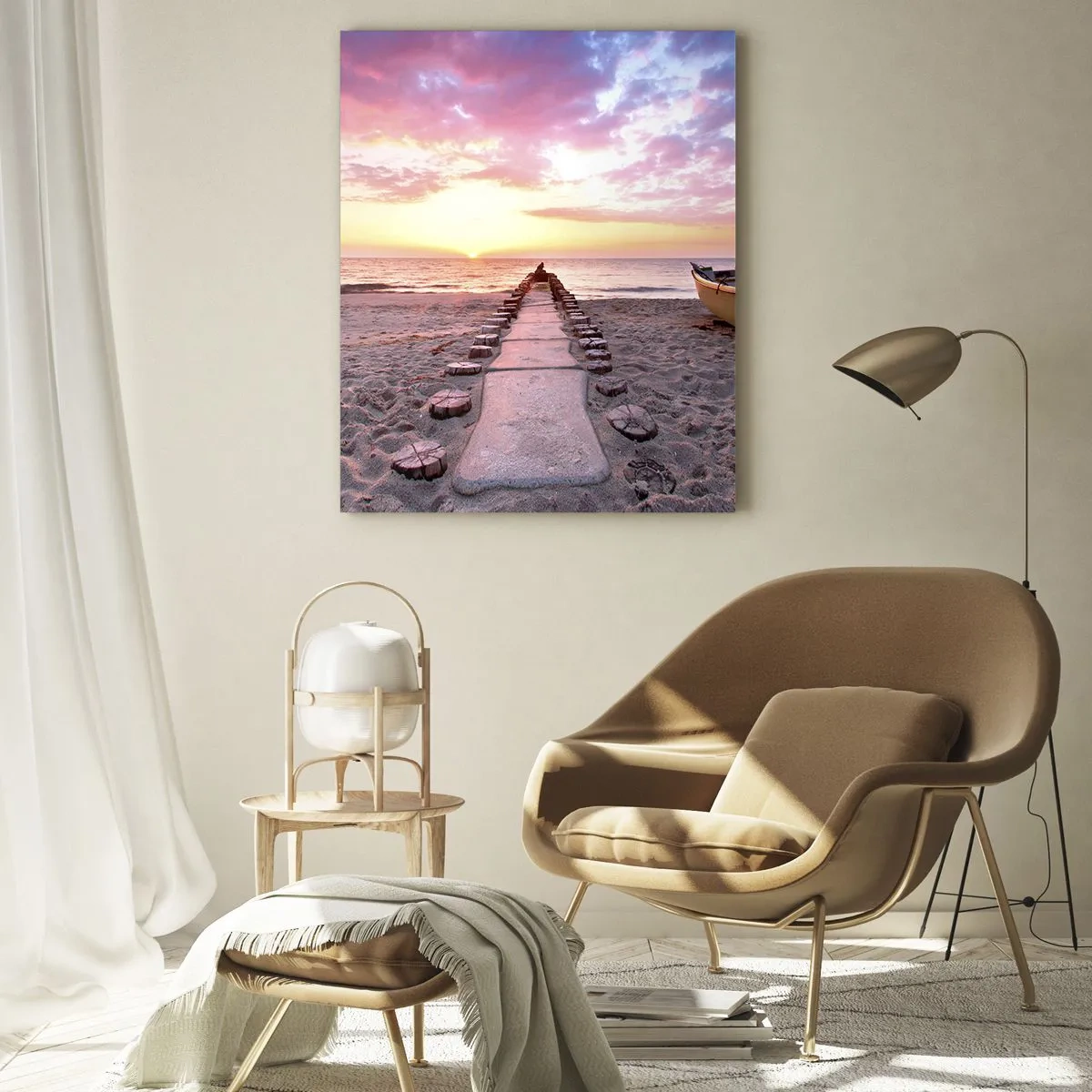 Glasbild - Bild auf glas - Sunrise Beach mit Boot und Pier - 70x100cm - Ein Moment tiefer Erfahrung - Moderne Wanddekoration für Wohnzimmer und Schlafzimmer ARTTOR