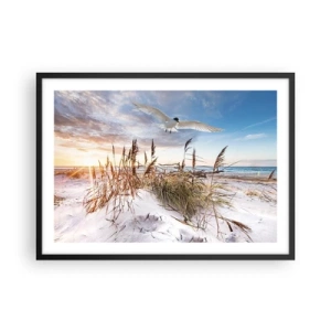 Poster in einem schwarzem Rahmen - Strand mit fliegenden Möwen bei Sonnenuntergang - 70x50cm - Wind vom Meer - Moderne Wanddekoration für Wohnzimmer und Schlafzimmer ARTTOR