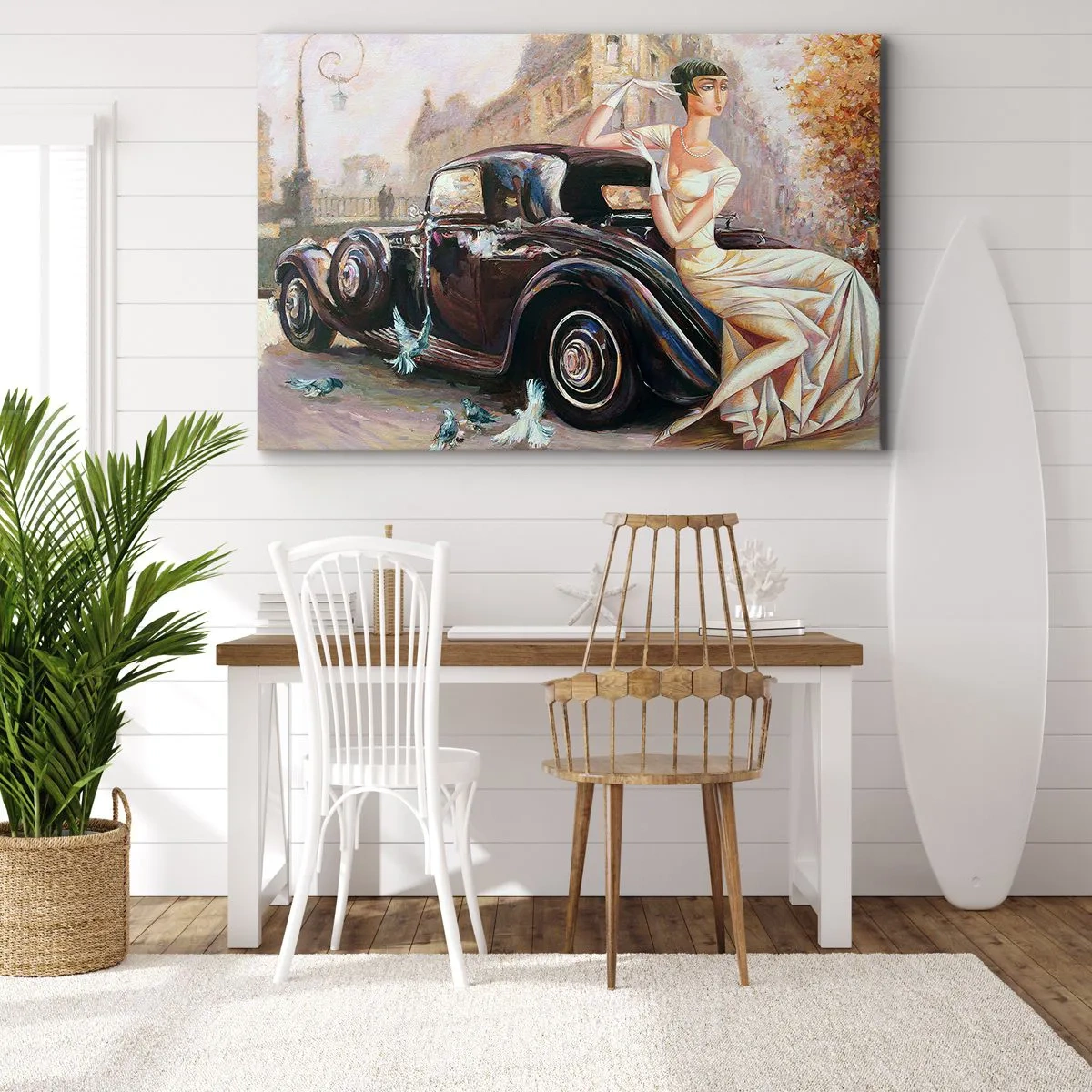 Bild auf Leinwand - Leinwandbild - Retro-Frau neben Oldtimer - 70x50cm - Eleganz im Retro-Stil - Moderne Wanddekoration für Wohnzimmer und Schlafzimmer ARTTOR
