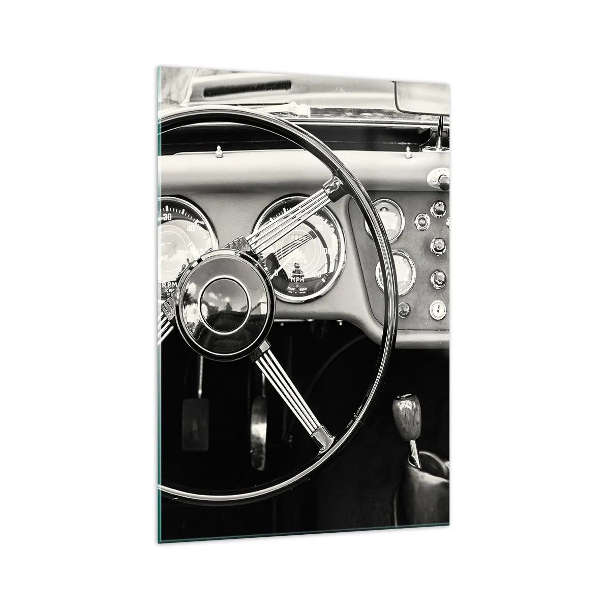 Glasbild - Bild auf glas - Schwarz-weißes Oldtimer-Interieur - 70x100cm - Ein Sammlertraum - Moderne Wanddekoration für Wohnzimmer und Schlafzimmer ARTTOR
