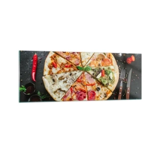 Glasbild - Bild auf glas - Pizza in verschiedenen Geschmacksrichtungen mit verschiedenen Belägen - 140x50cm - Eine Reihe von Geschmacksrichtungen - Moderne Wanddekoration für Wohnzimmer und Schlafzimmer ARTTOR
