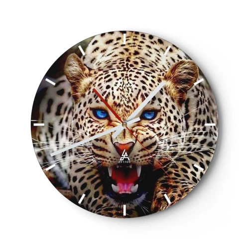 Wanduhr - Glasuhr - Ein bedrohlicher Leopard mit blauen Augen vor dem Hintergrund der Natur - 30x30cm - Schönheitswut tut nicht weh - Moderne Wanddekoration für Wohnzimmer, Küche und Schlafzimmer ARTTOR