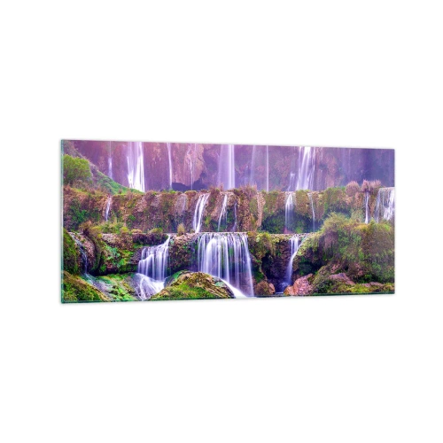 Glasbild - Bild auf glas - Wasserfälle umgeben von Grün mit pastellfarbener Beleuchtung - 120x50cm - Treppe zum Himmel - Moderne Wanddekoration für Wohnzimmer und Schlafzimmer ARTTOR
