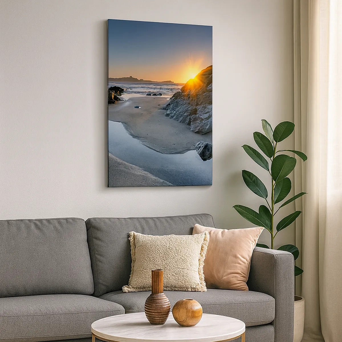Bild auf Leinwand - Leinwandbild - Malerischer Sonnenuntergang an einem felsigen Strand - 50x70cm - Unberührt von menschlicher Hand - Moderne Wanddekoration für Wohnzimmer und Schlafzimmer ARTTOR