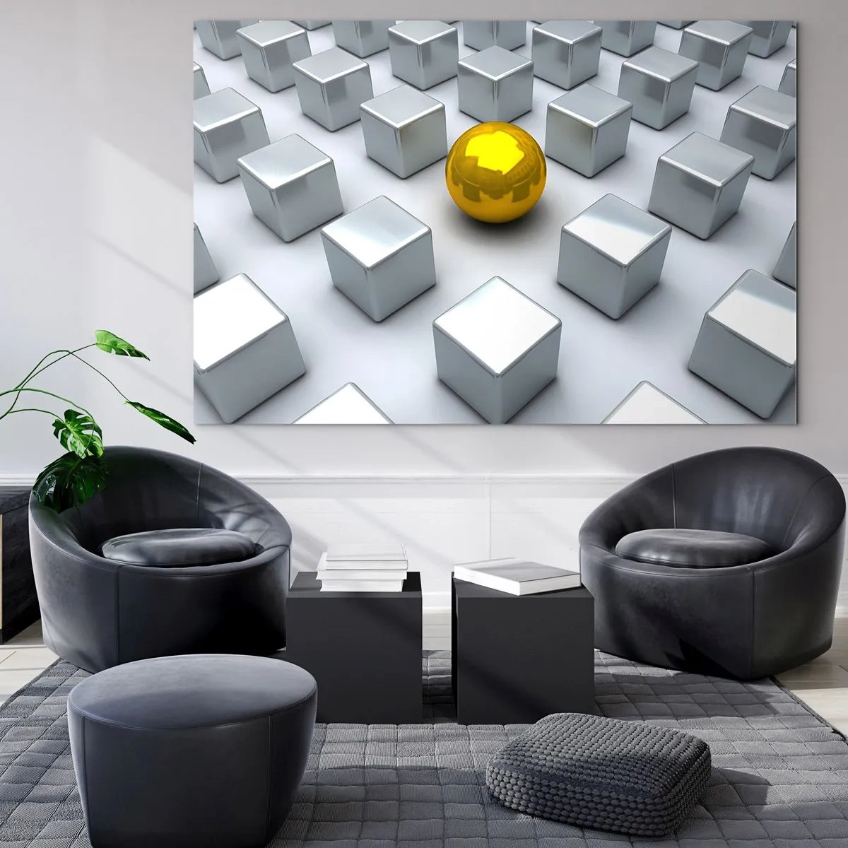 Glasbild - Bild auf glas - Eine goldene Kugel, umgeben von silbernen Würfeln - 70x50cm - Warum ich? Geometrische Zusammensetzung - Moderne Wanddekoration für Wohnzimmer und Schlafzimmer ARTTOR