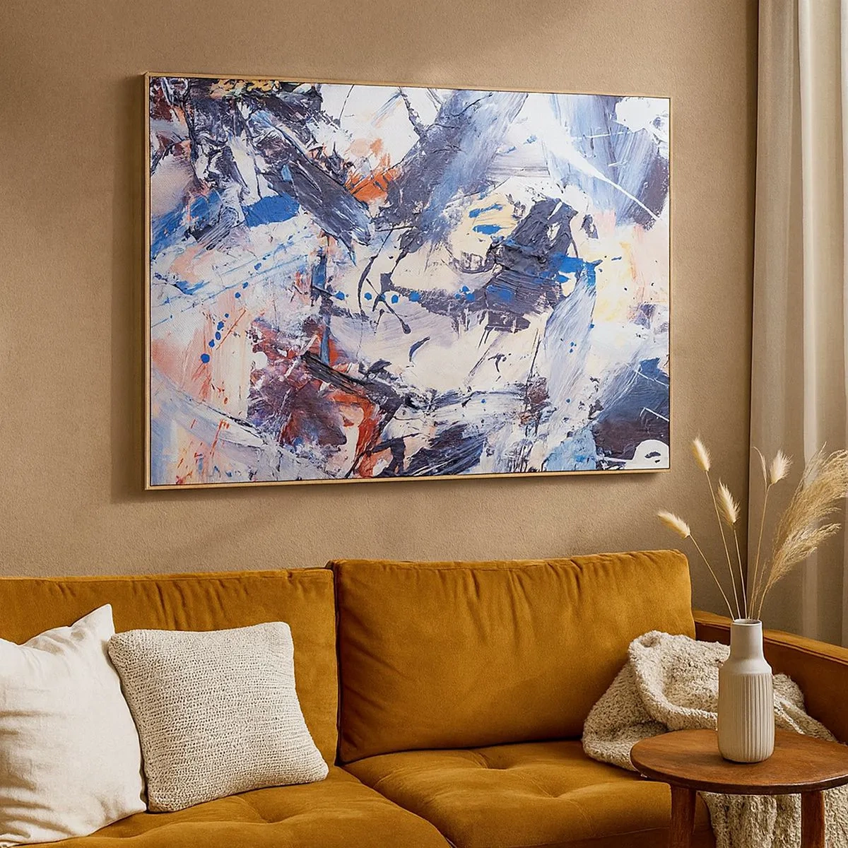 Bild auf Leinwand - Leinwandbild - Abstraktion mit dynamischen Pinselstrichen in Blau und Rot. - 70x50cm - Verrückter Tanz der Abstraktion - Moderne Wanddekoration für Wohnzimmer und Schlafzimmer ARTTOR