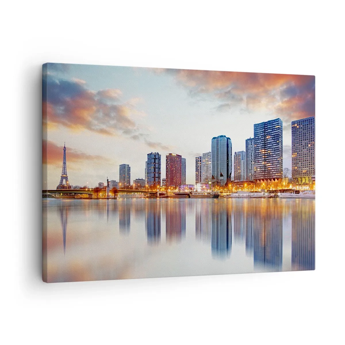 Bild auf Leinwand - Leinwandbild - Panorama moderner Gebäude und des Eiffelturms über dem Wasser - 70x50cm - Die monumentale Ruhe von Paris - Moderne Wanddekoration für Wohnzimmer und Schlafzimmer ARTTOR