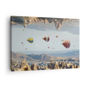 Bild auf Leinwand - Leinwandbild - Bunte Ballons über einer felsigen Landschaft - 70x50cm - Hier ist alles möglich - Moderne Wanddekoration für Wohnzimmer und Schlafzimmer ARTTOR