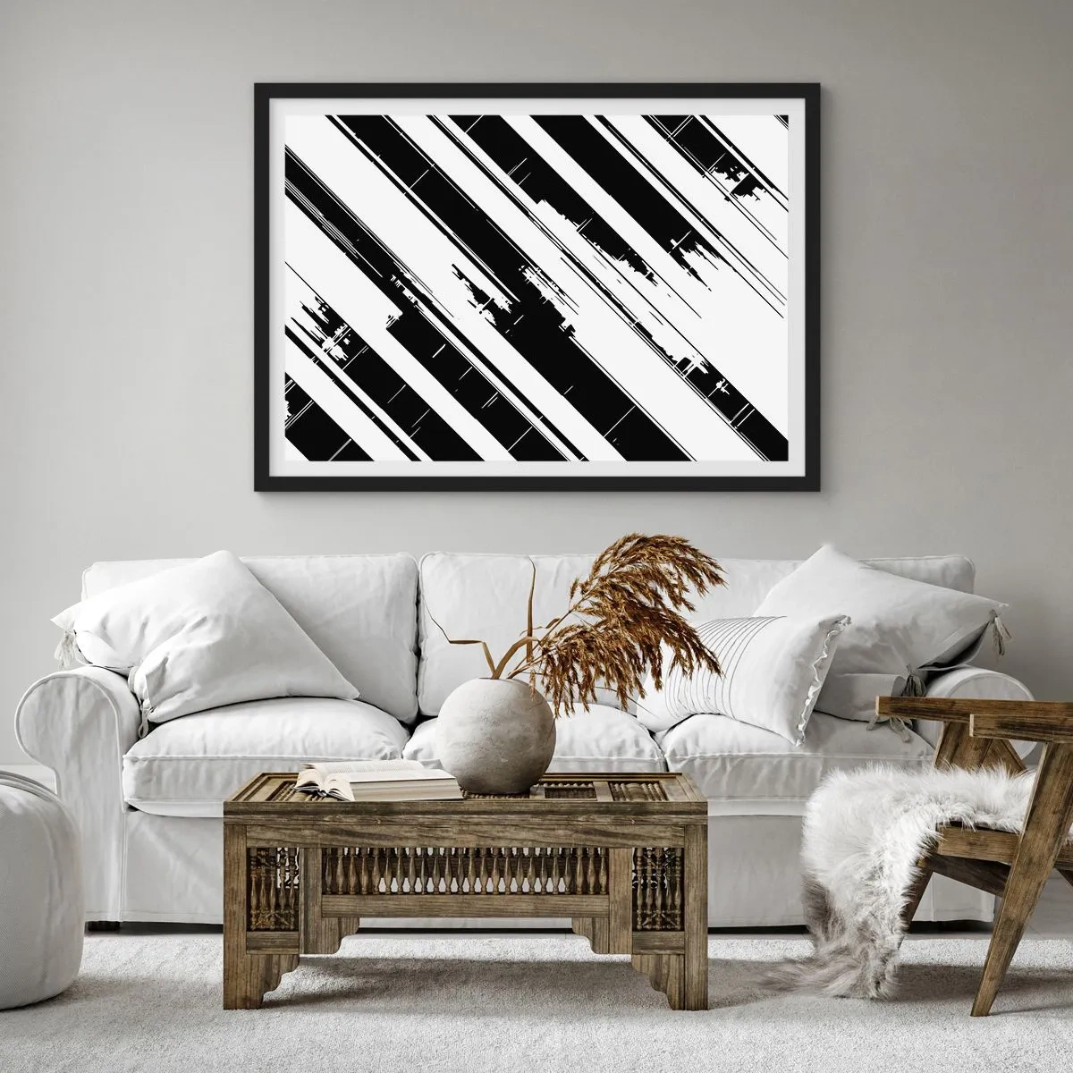 Poster in einem schwarzem Rahmen - Schwarz-weiße Linien und geometrische Muster im modernen Stil - 70x50cm - Eine intensive und dynamische Komposition - Moderne Wanddekoration für Wohnzimmer und Schlafzimmer ARTTOR