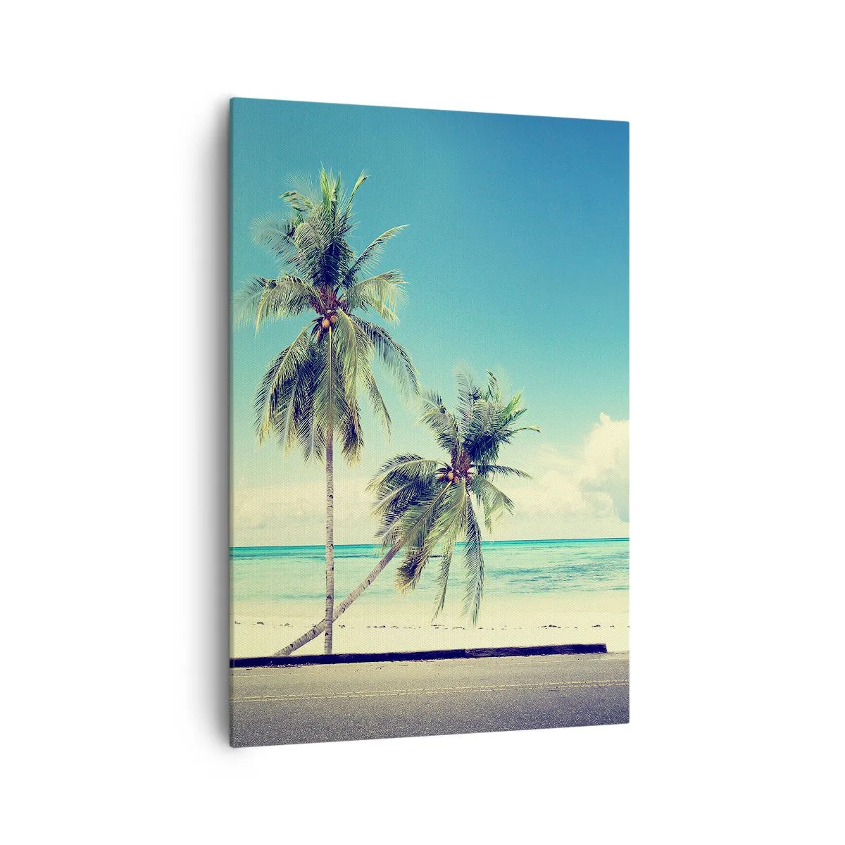 Bild auf Leinwand - Leinwandbild - Ein rosafarbener Van mit einem Surfbrett vor einem tropischen Strand. - 70x100cm - Zeit um in die Ferien zu starten - Moderne Wanddekoration für Wohnzimmer und Schlafzimmer ARTTOR