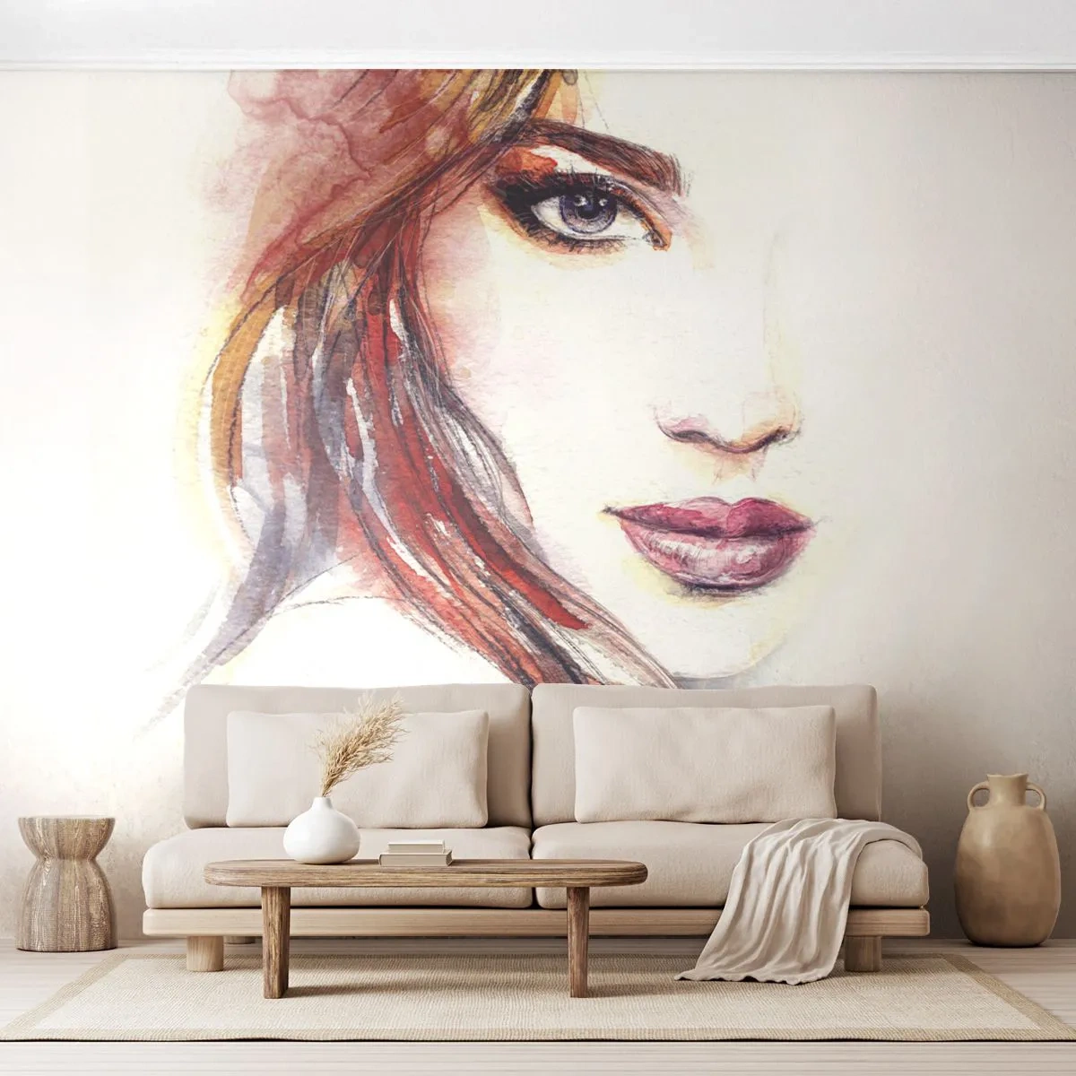 Fototapete Premium Sand - Porträt einer Frau im Aquarellstil - 100x70cm - Vademecum - folge mir - Moderne Wanddekoration für Wohnzimmer und Schlafzimmer ARTTOR