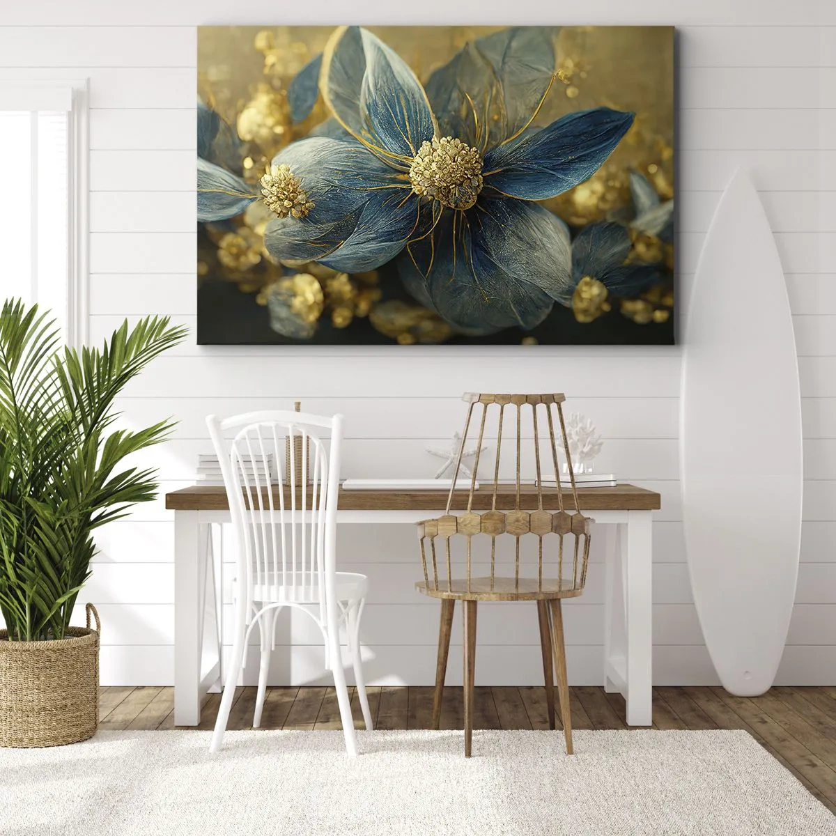 Bild auf Leinwand - Leinwandbild - Elegante Blumen in Blau- und Goldtönen - 70x50cm - Mit Gold blühen - Moderne Wanddekoration für Wohnzimmer und Schlafzimmer ARTTOR