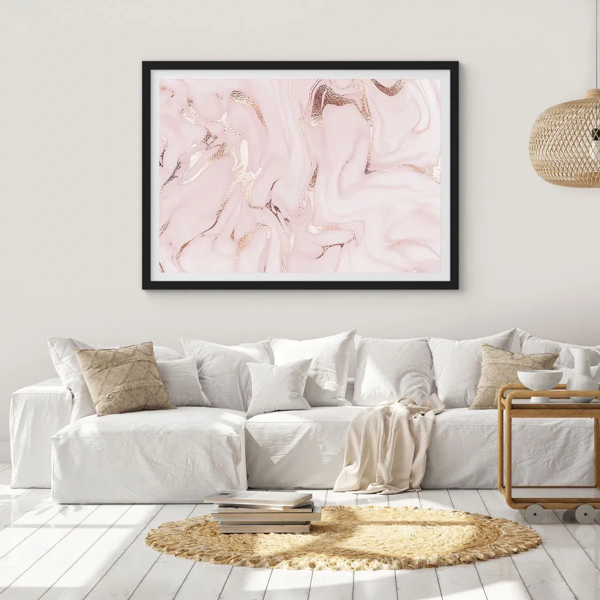 Poster in einem schwarzem Rahmen - Elegante Abstraktion in Rosa- und Goldtönen - 70x50cm - In einem rosa Schal - Moderne Wanddekoration für Wohnzimmer und Schlafzimmer ARTTOR