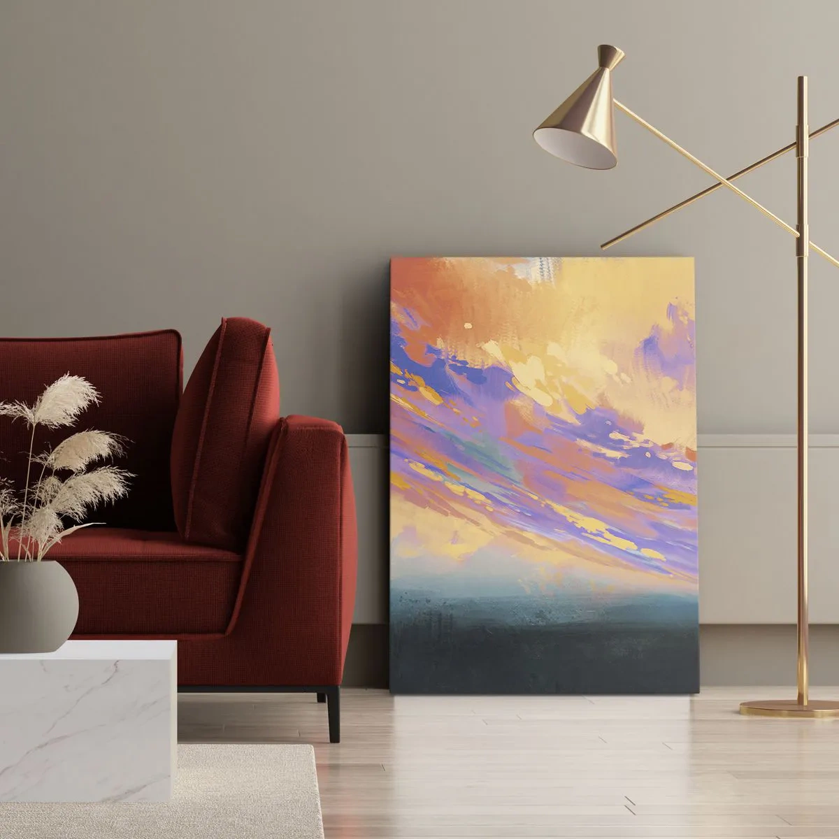 Bild auf Leinwand - Leinwandbild - Eine dynamische Szene mit Figuren vor einem farbenfrohen Sonnenuntergangshimmel - 50x70cm - Die Anziehungskraft - Moderne Wanddekoration für Wohnzimmer und Schlafzimmer ARTTOR