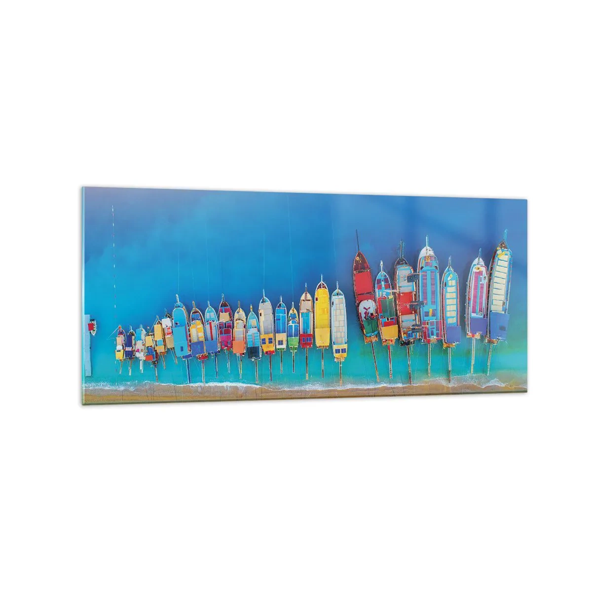 Glasbild - Bild auf glas - Bunte Boote in einer Reihe am Ufer aufgereiht - 120x50cm - Aus der Vogelperspektive - Moderne Wanddekoration für Wohnzimmer und Schlafzimmer ARTTOR