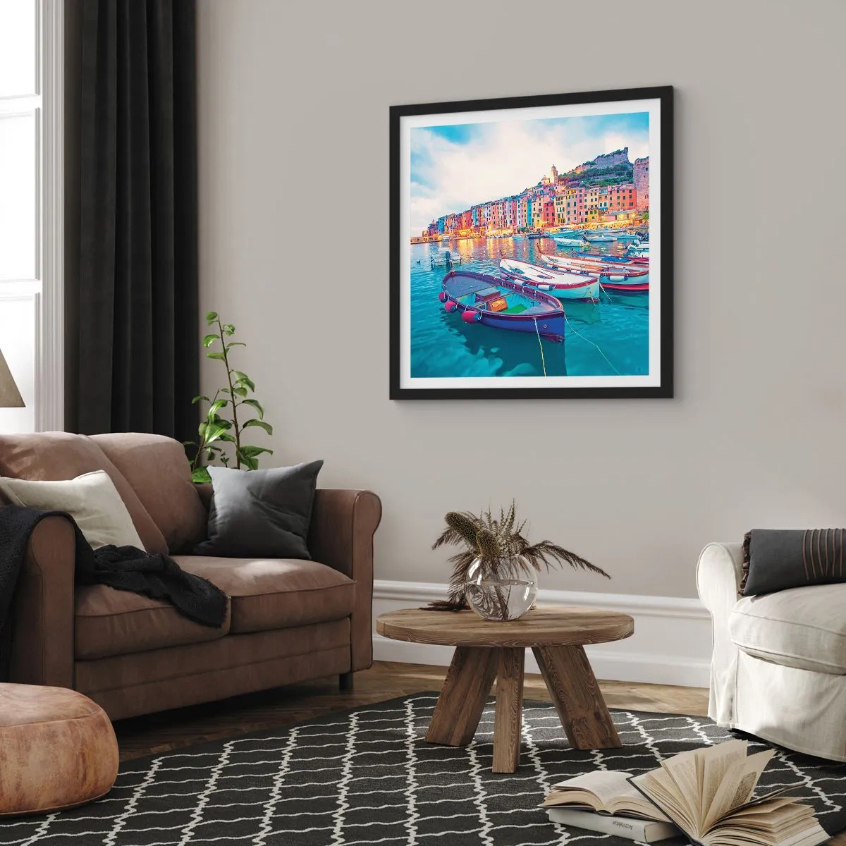 Poster in einem schwarzem Rahmen - Bunter Abend im Hafen - 30x30 cm