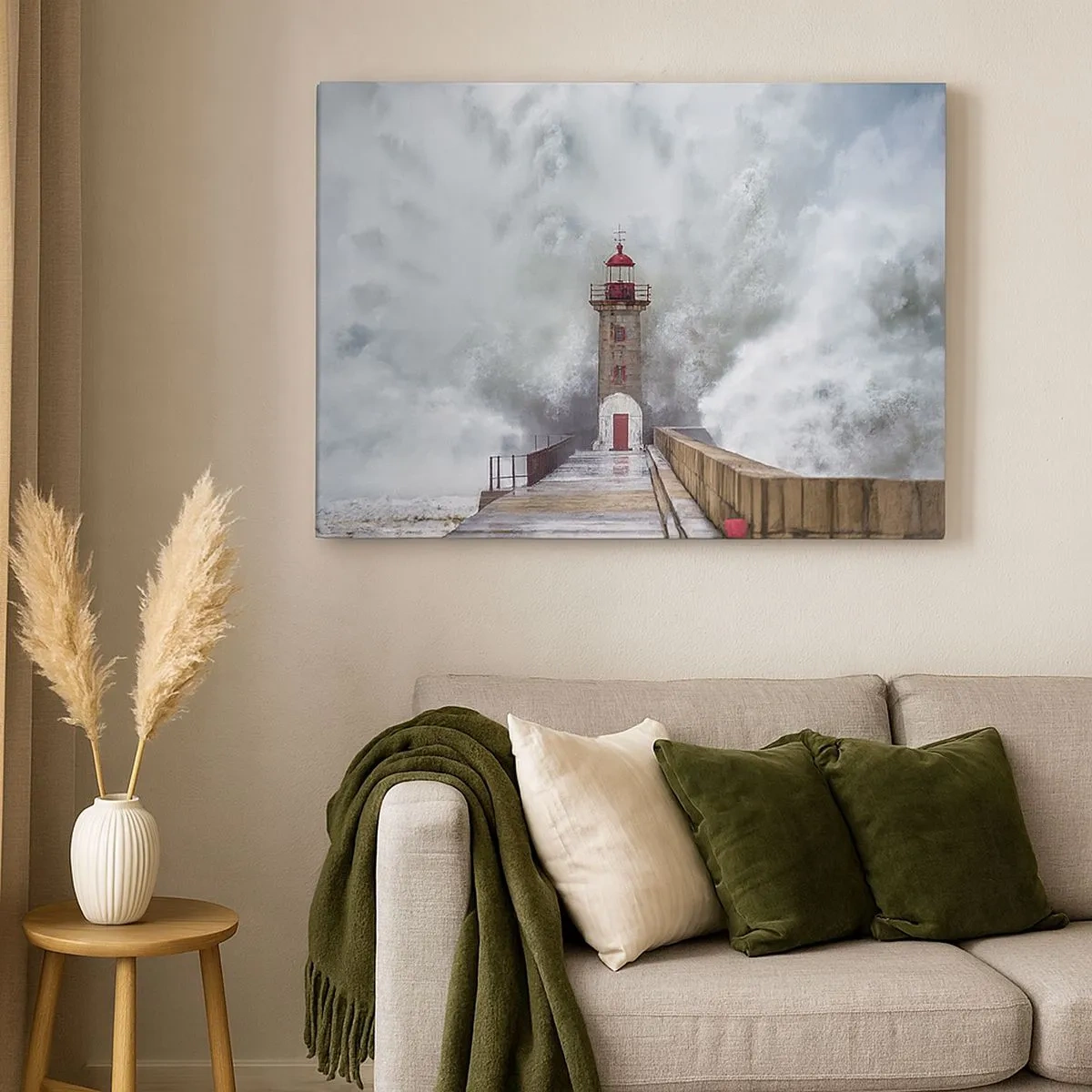 Bild auf Leinwand - Leinwandbild - Ein Leuchtturm, umgeben von rauen Wellen - 70x50cm - Das Rauschen des Wassers, der Lärm wird wehen - Moderne Wanddekoration für Wohnzimmer und Schlafzimmer ARTTOR
