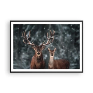 Poster in einem schwarzem Rahmen - Hirsche im verschneiten Winterwald - 100x70cm - Herr des Waldes mit seiner Frau - Moderne Wanddekoration für Wohnzimmer und Schlafzimmer ARTTOR