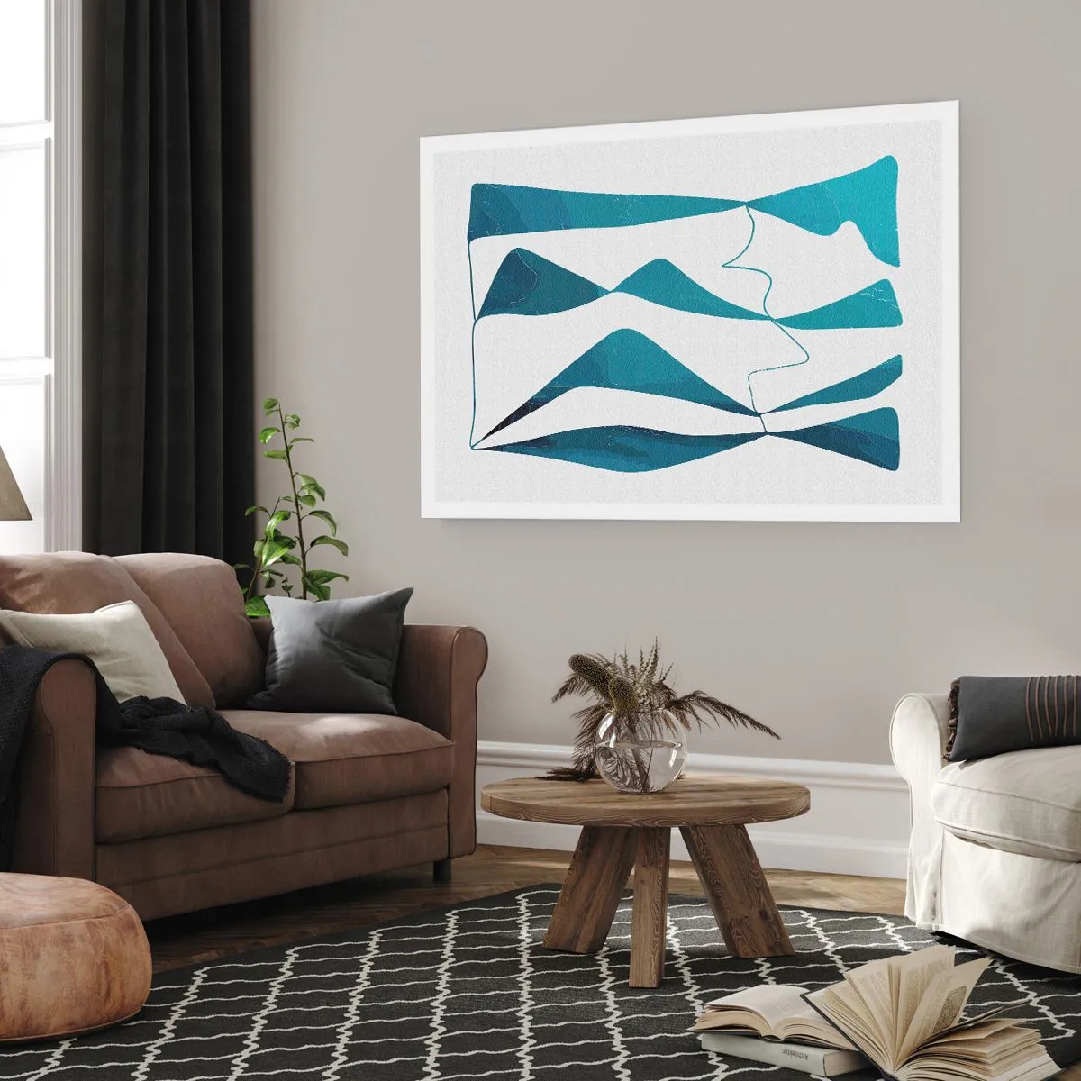 Poster - Abstrakte Formen in Blautönen auf weißem Hintergrund - 100x70cm - Abstraktion: türkisfarbene Verbindung - Moderne Wanddekoration für Wohnzimmer und Schlafzimmer ARTTOR