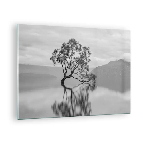 Glasbild - Bild auf glas - Ein einsamer Baum auf dem Wasser in einer schwarz-weißen Landschaft - 70x50cm - Es gibt so ein Land - Moderne Wanddekoration für Wohnzimmer und Schlafzimmer ARTTOR