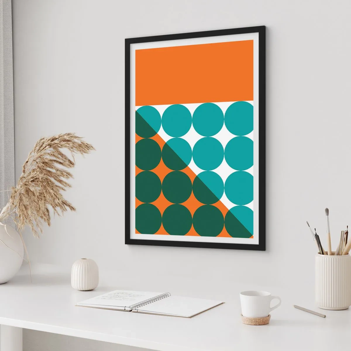 Poster in einem schwarzem Rahmen - Abstrakte geometrische Komposition mit Kreisen in Orange- und Grüntönen. - 50x70cm - Nach oben und schräg - Moderne Wanddekoration für Wohnzimmer und Schlafzimmer ARTTOR