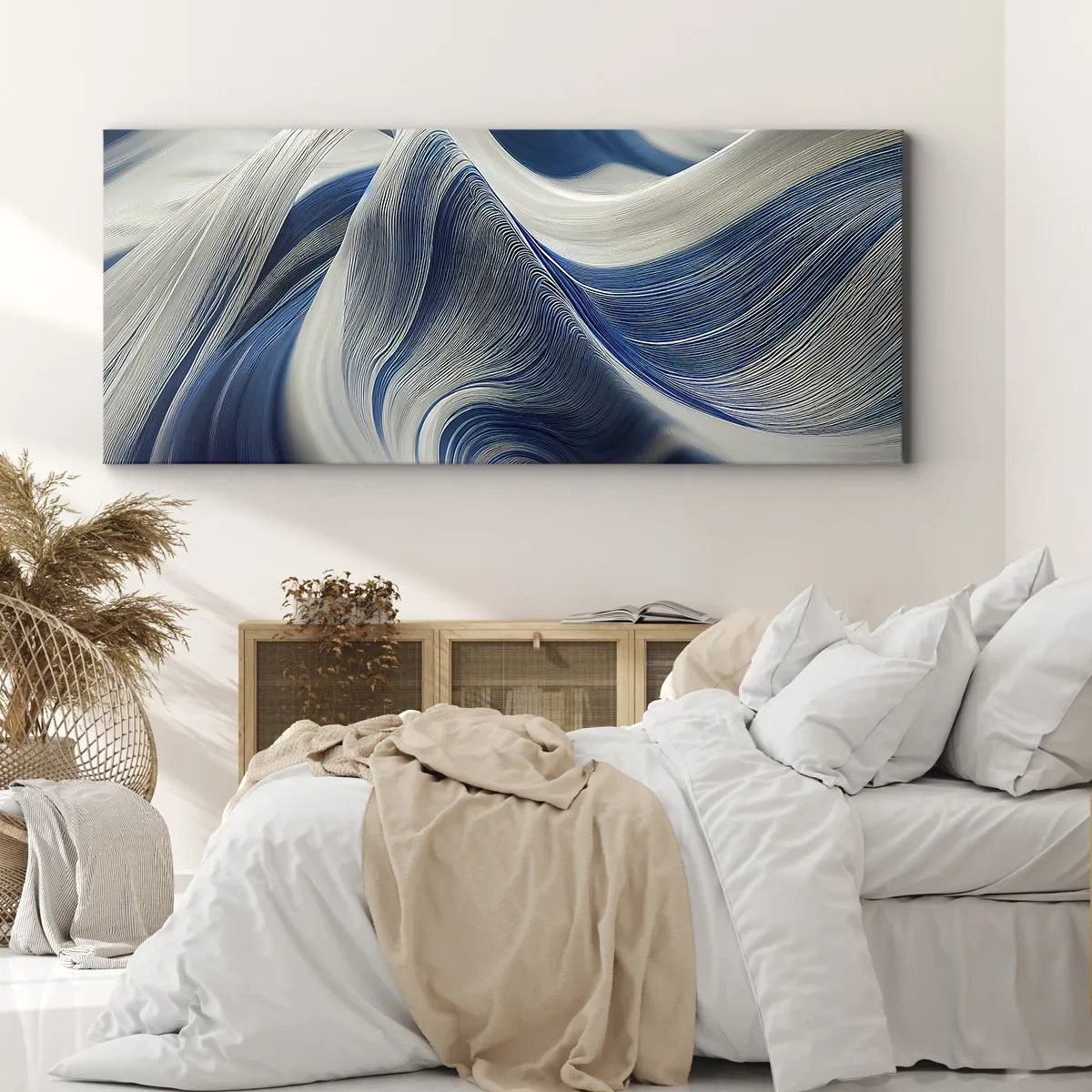 Bild auf Leinwand - Leinwandbild - Abstrakte Wellen in Blau- und Weißtönen - 120x50cm - Fließfähigkeit von Blau und Weiß - Moderne Wanddekoration für Wohnzimmer und Schlafzimmer ARTTOR