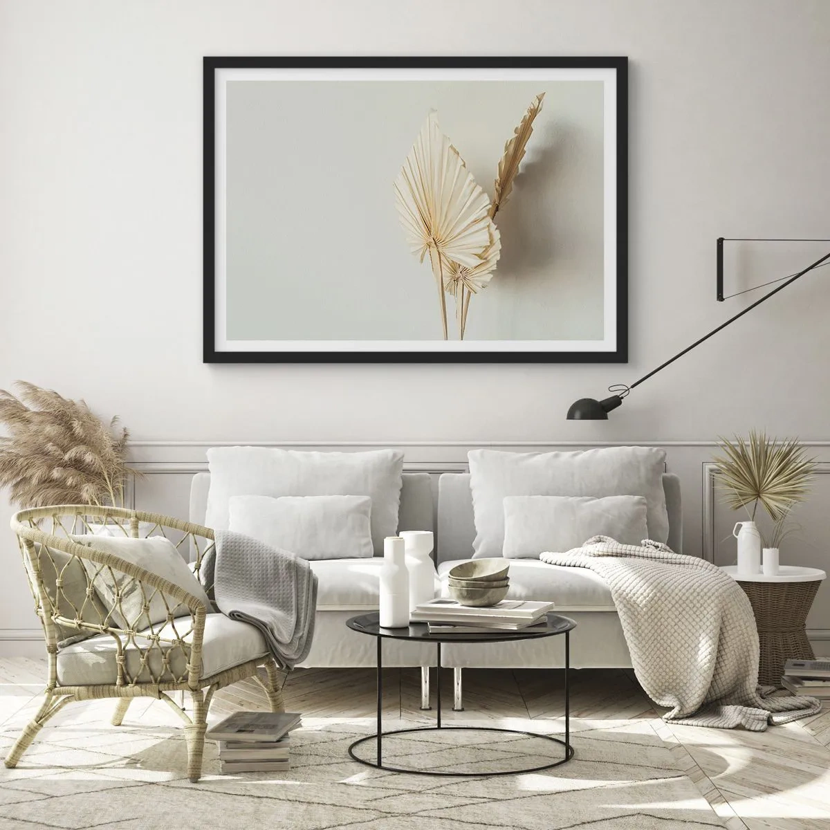 Poster in einem schwarzem Rahmen - Getrocknete Palmblätter in minimalistischem Arrangement - 70x50cm - Wenn Sie Erleichterung brauchen - Moderne Wanddekoration für Wohnzimmer und Schlafzimmer ARTTOR