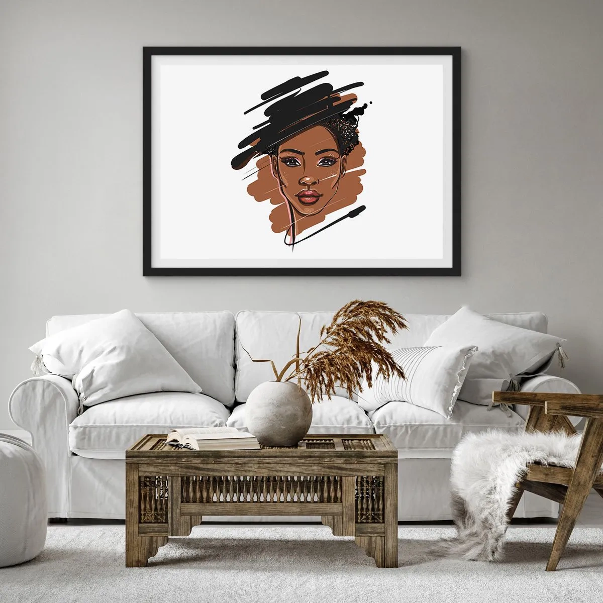 Poster in einem schwarzem Rahmen - Porträt einer Frau mit künstlerischen Pinselstrichen - 100x70cm - Süß wie Schokolade - Moderne Wanddekoration für Wohnzimmer und Schlafzimmer ARTTOR