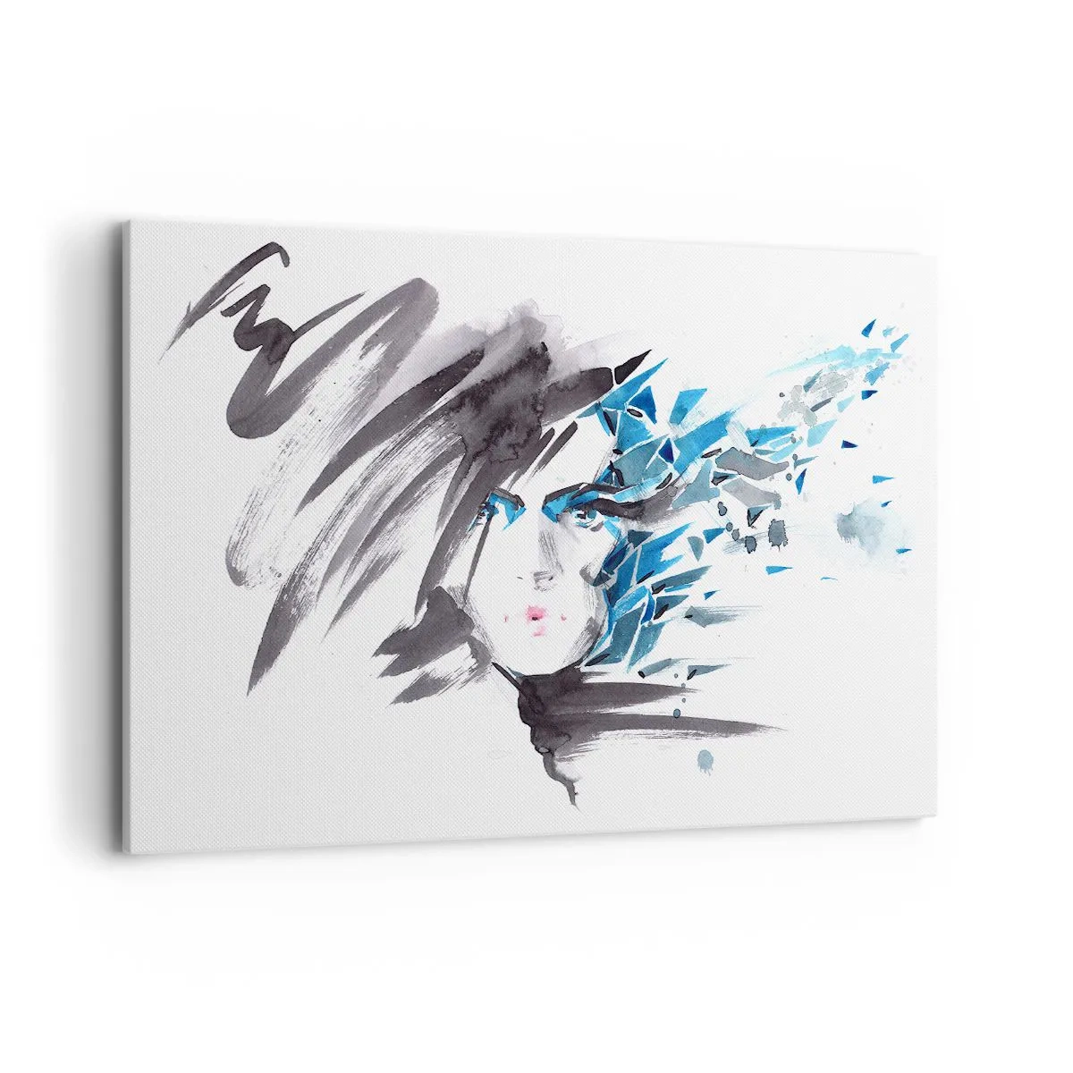 Bild auf Leinwand - Leinwandbild - Künstlerische Aquarell-Gesichtsbemalung mit blauen Akzenten - 120x80cm - Sinnliches Portrait in Grau und Blau - Moderne Wanddekoration für Wohnzimmer und Schlafzimmer ARTTOR