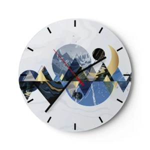 Wanduhr - Glasuhr - Abstrakte Berglandschaft mit geometrischen Formen in Blau- und Goldtönen. - 30x30cm - Geometrische Landschaft - Moderne Wanddekoration für Wohnzimmer, Küche und Schlafzimmer ARTTOR